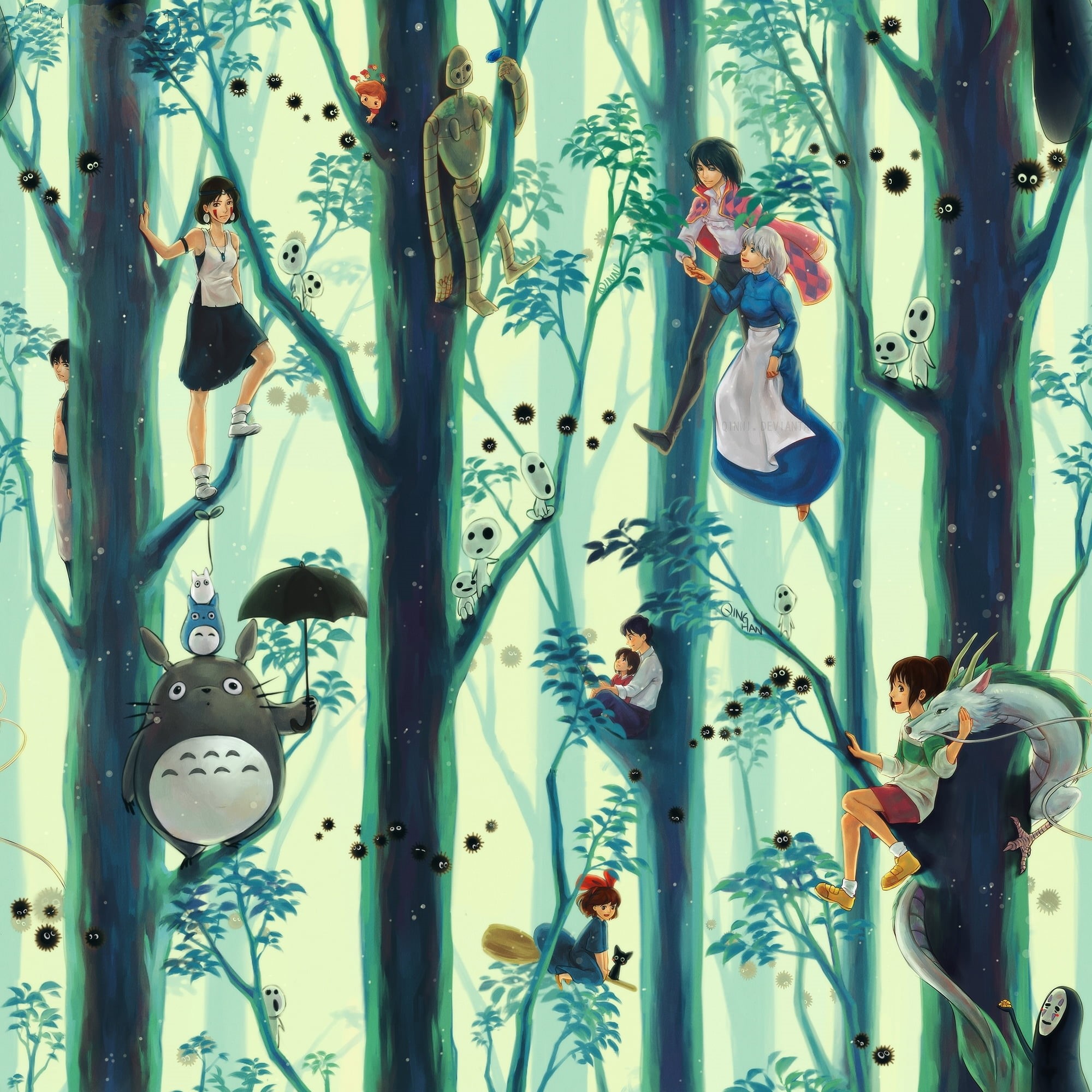 characters, 1080P, tree, young adult, casual clothing, Totoro, full length, nature, decoration, plant, adult, Princess Mononoke, women, built structure, Phone HD Wallpaper