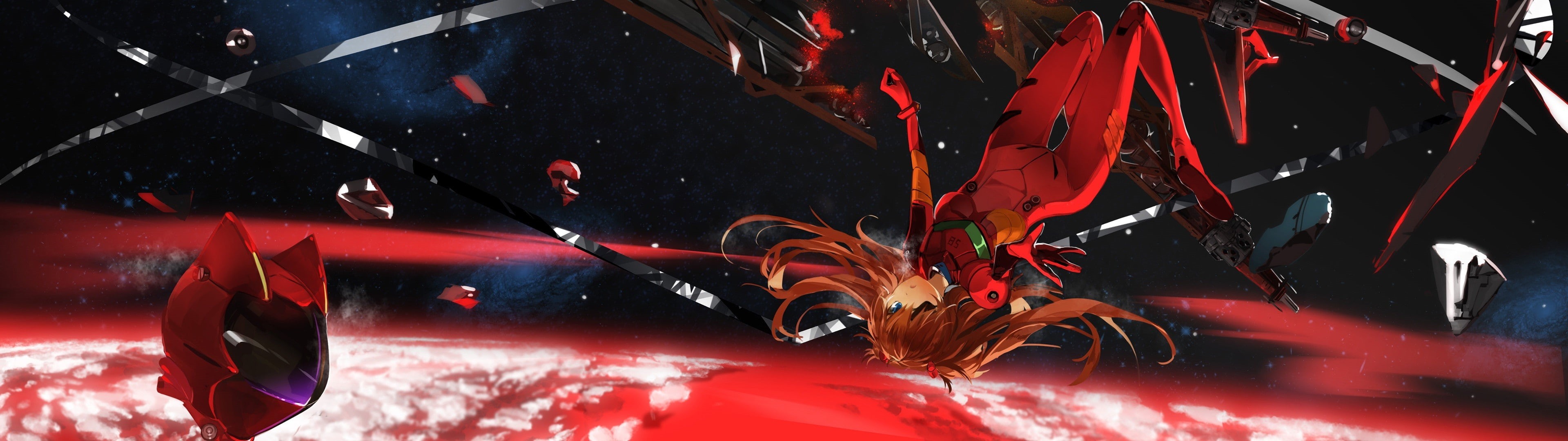 Asuka Langley Soryu, plugsuit, helmet, Earth, blue eyes, eyepatches, multiple display, space, 4K, floating, anime, anime girls, looking at viewer, Neon Genesis Evangelion, HD Wallpaper