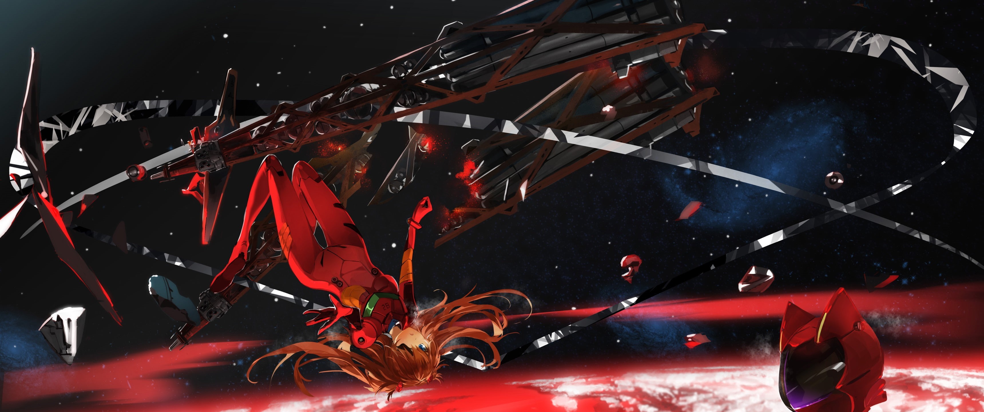 space, Earth, Neon Genesis Evangelion, eyepatches, 2K, multiple display, horizon, looking at viewer, EVA Unit 02, anime, planet, stars, science fiction, HD Wallpaper