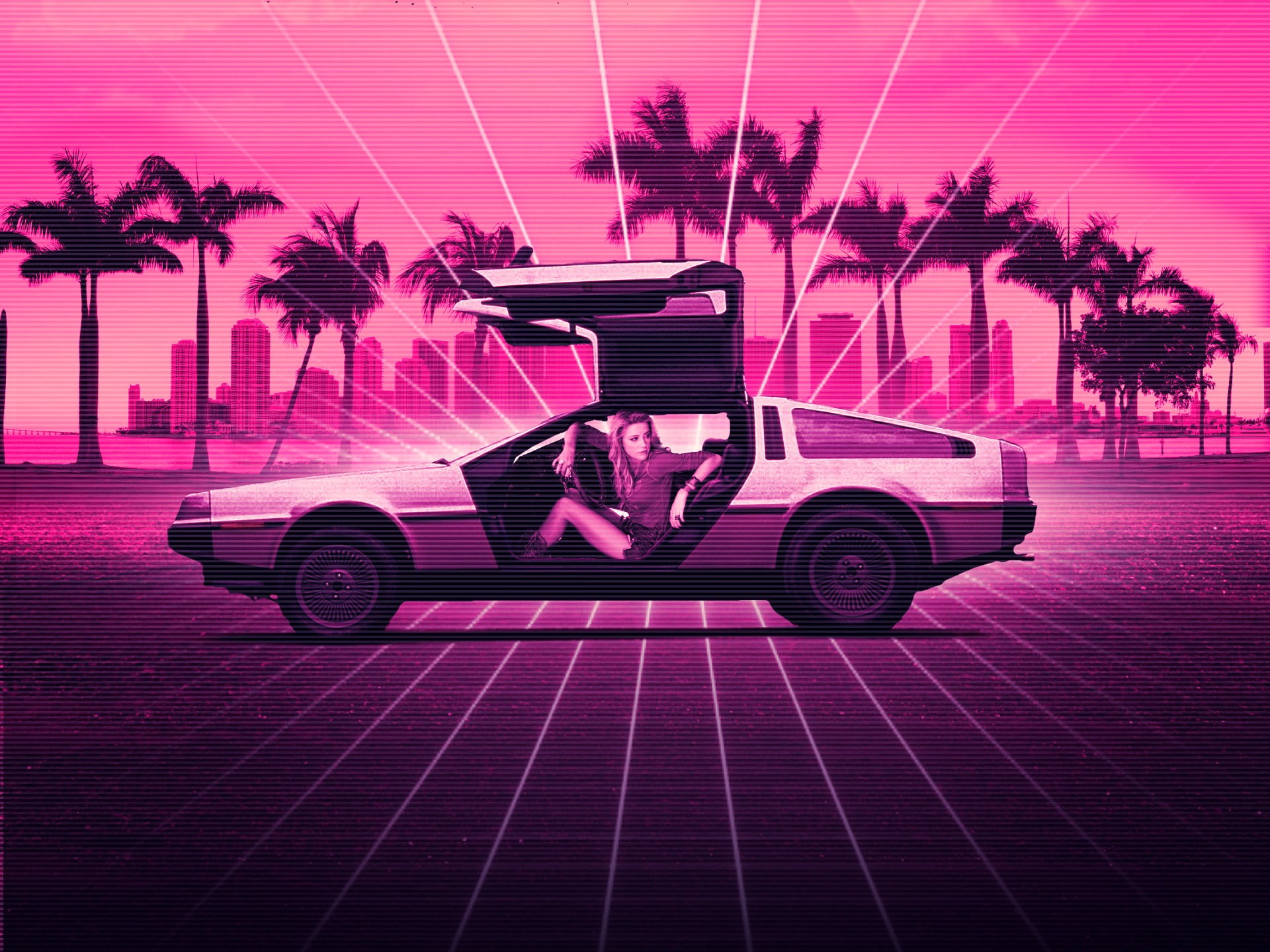 Retro Wave, DeLorean, Artistic, 1080P, Sport Car, Car, Hotline Miami, Amber Heard, HD Wallpaper