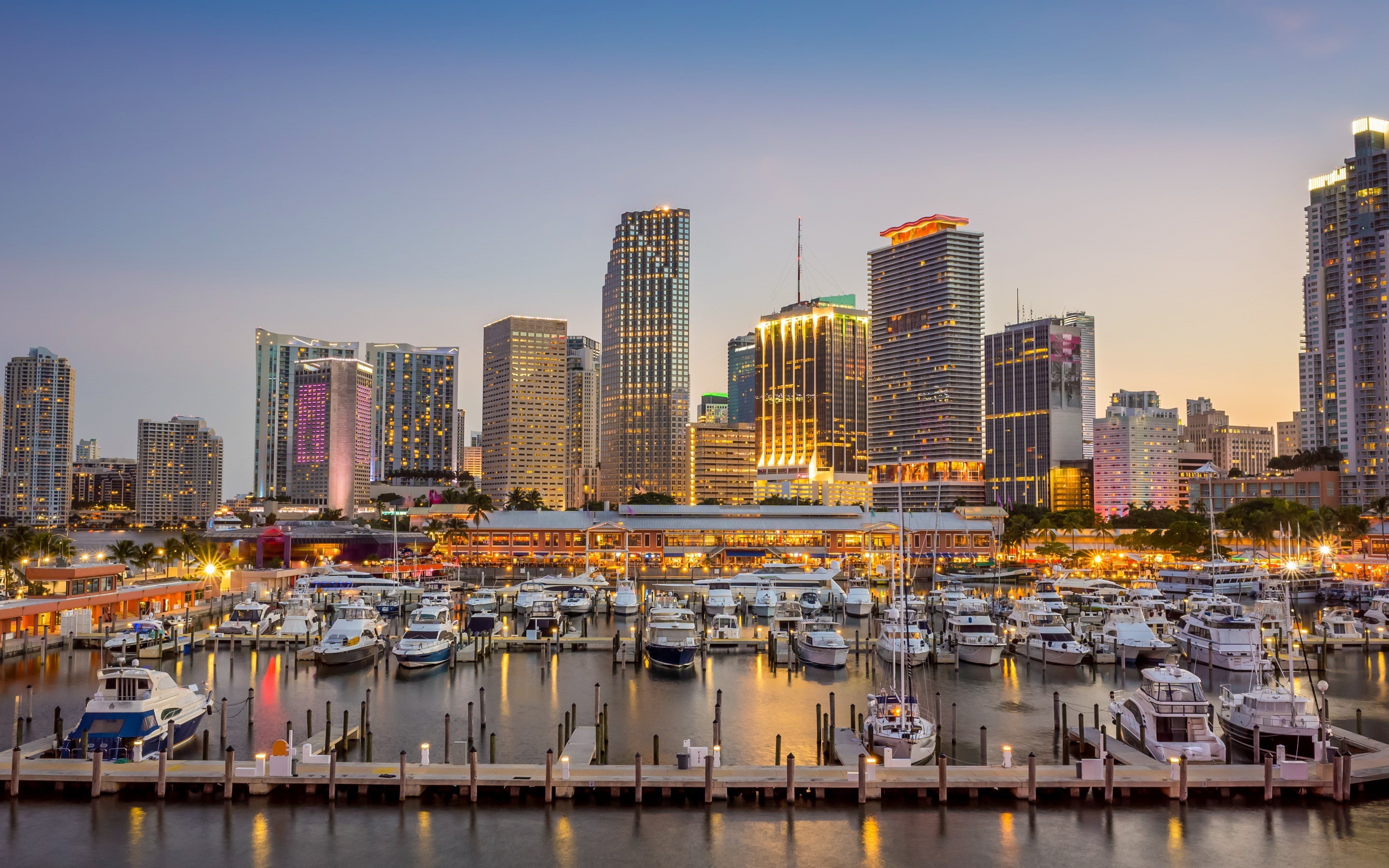 2K, marinas, yachts, Miami, boats, the port, buildings, Biscayne Bay, biscayne, the bay, bay, Florida, HD Wallpaper