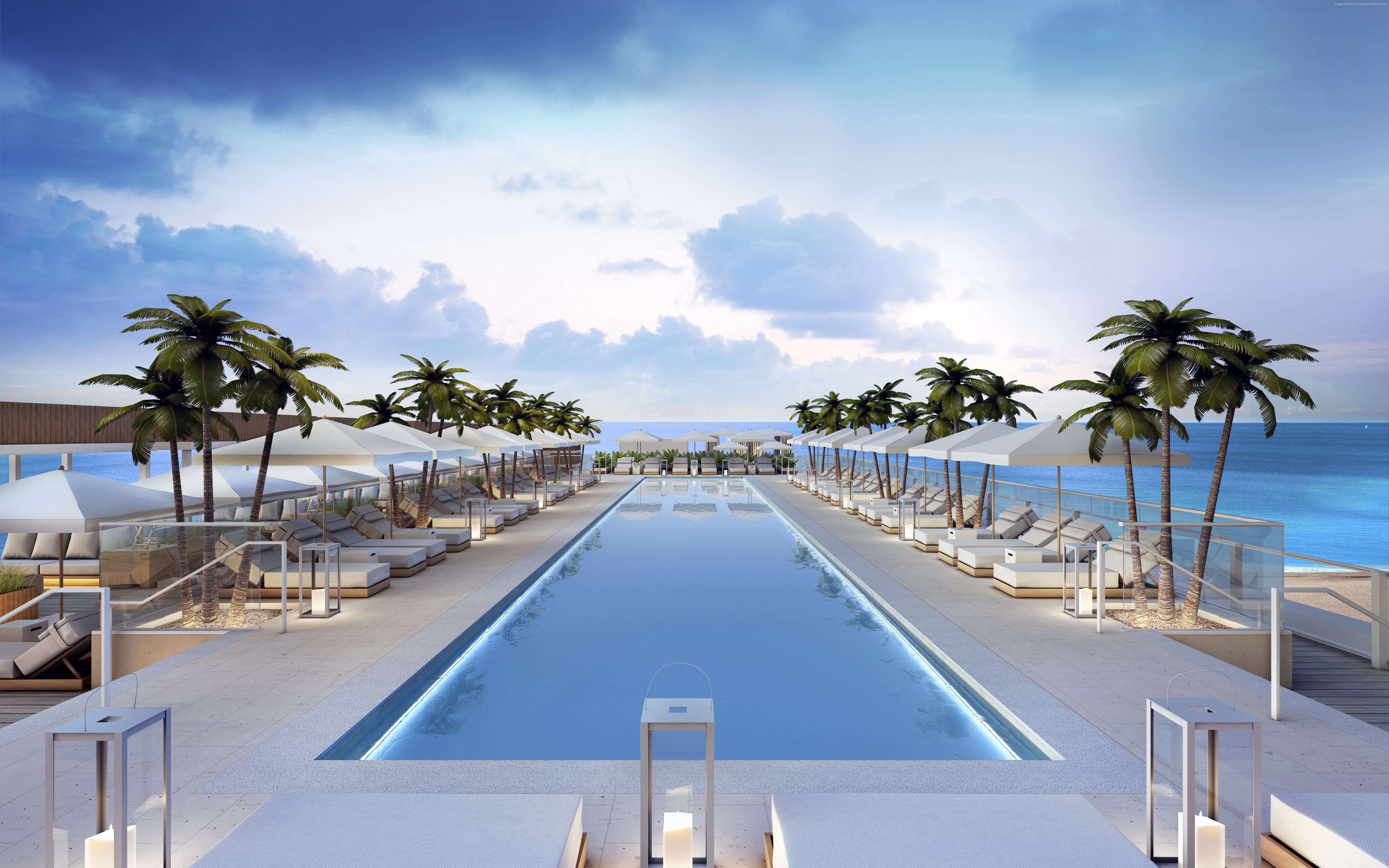 south beach, horizon over water, booking, palm, nature, vacation, outdoors, sky, chair, water, travel, Miami, beach, sunbed, sea, tropical climate, plant, HD Wallpaper