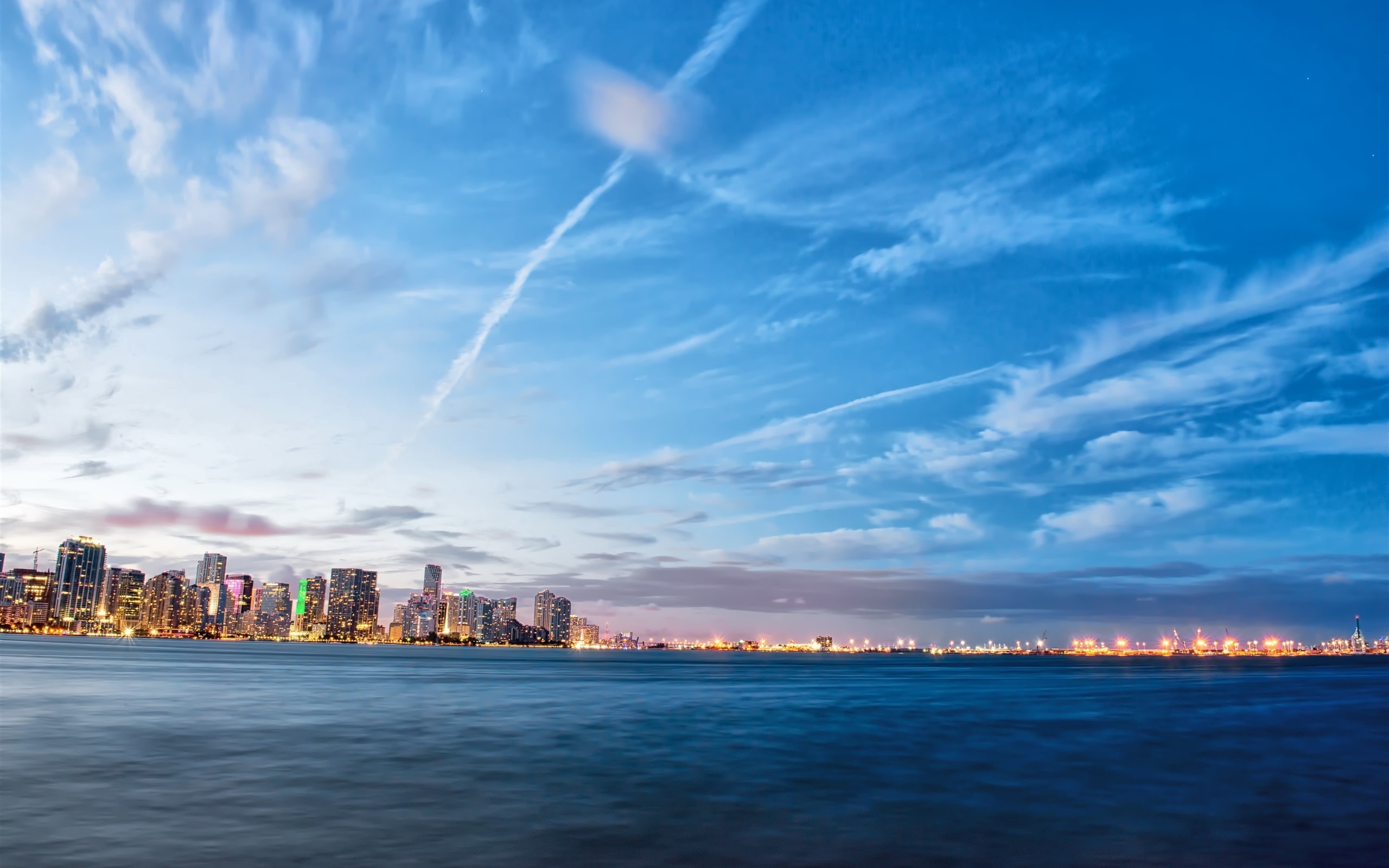City, Lights, Sea, USA, building, Florida, black, Evening, Miami, 2K, commercial, HD Wallpaper