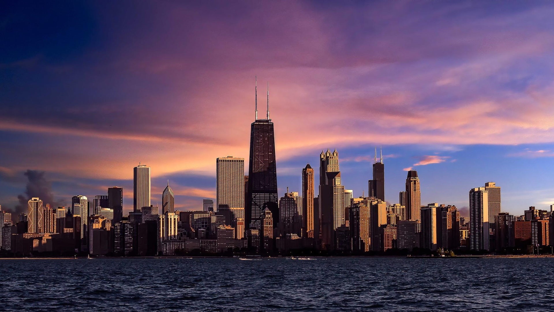 1080P, Chicago, Evening, River, City, Purple, Illinois, Sunset, Sky, Skyscrapers, HD Wallpaper