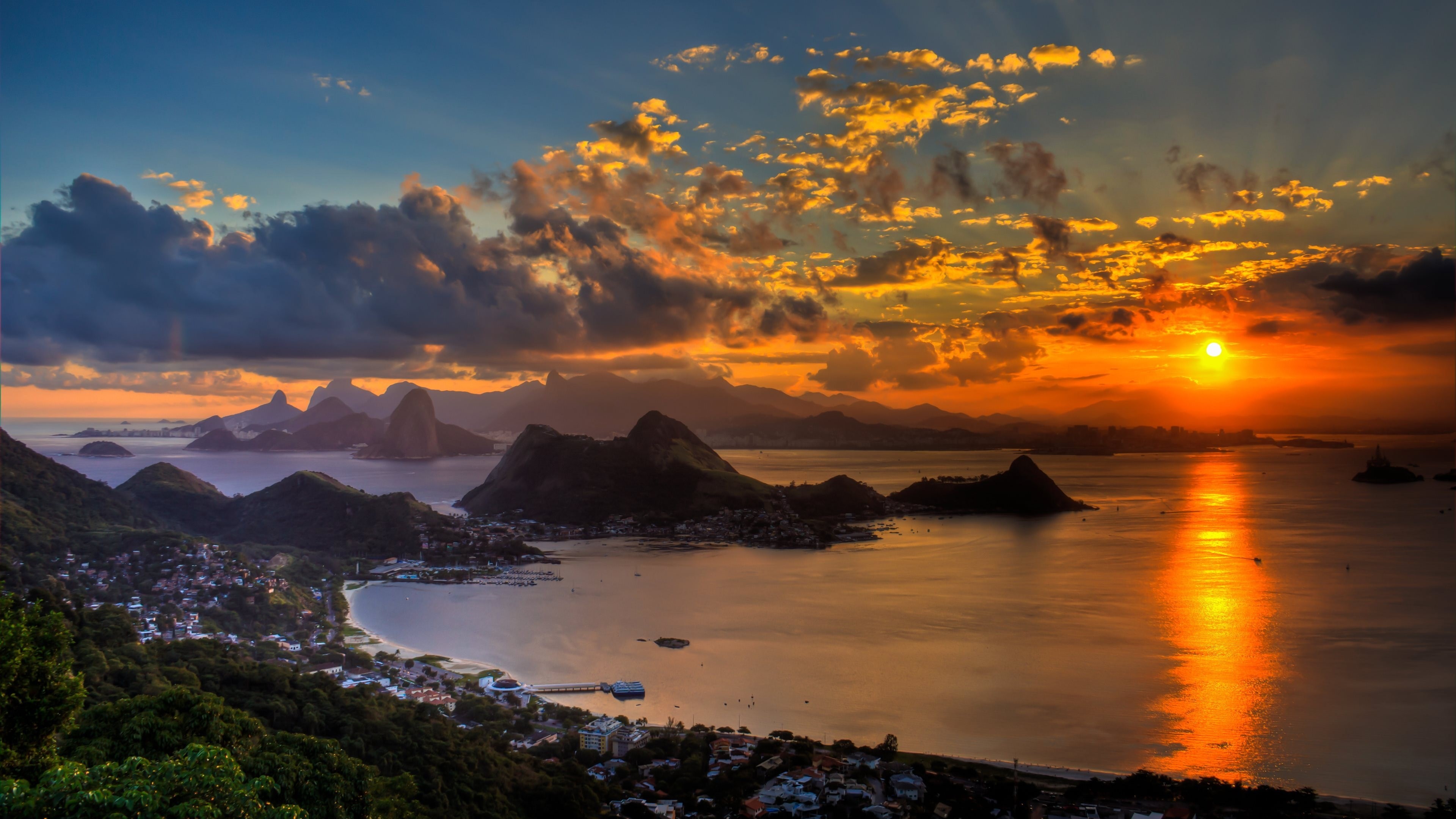 dark, 4K, sun, city, red, clouds, sky, niter, reflection, park, de, eclipse, ocean, janeiro, orange, sunset, rio, HD Wallpaper