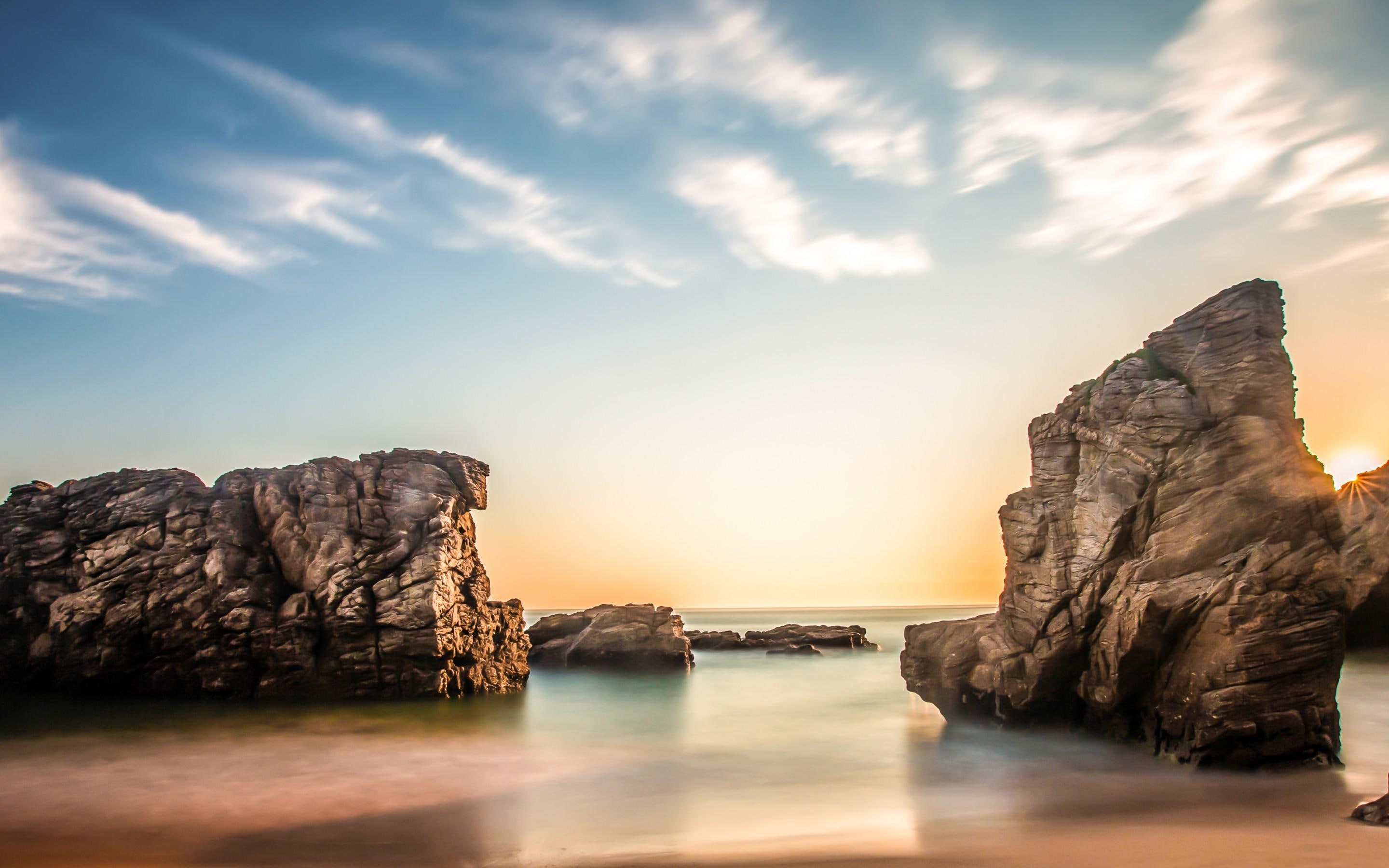clouds, sunrise, best, rocks, sun, beach, sea, sky, 2K, morning, beaches, HD Wallpaper