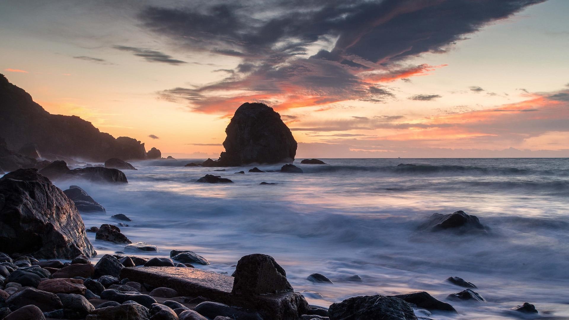 sky, waves, sunrise - sunset, beach, rocks, sea, ocean, stones, hd, 1080P, clouds, resolution, shore, HD Wallpaper