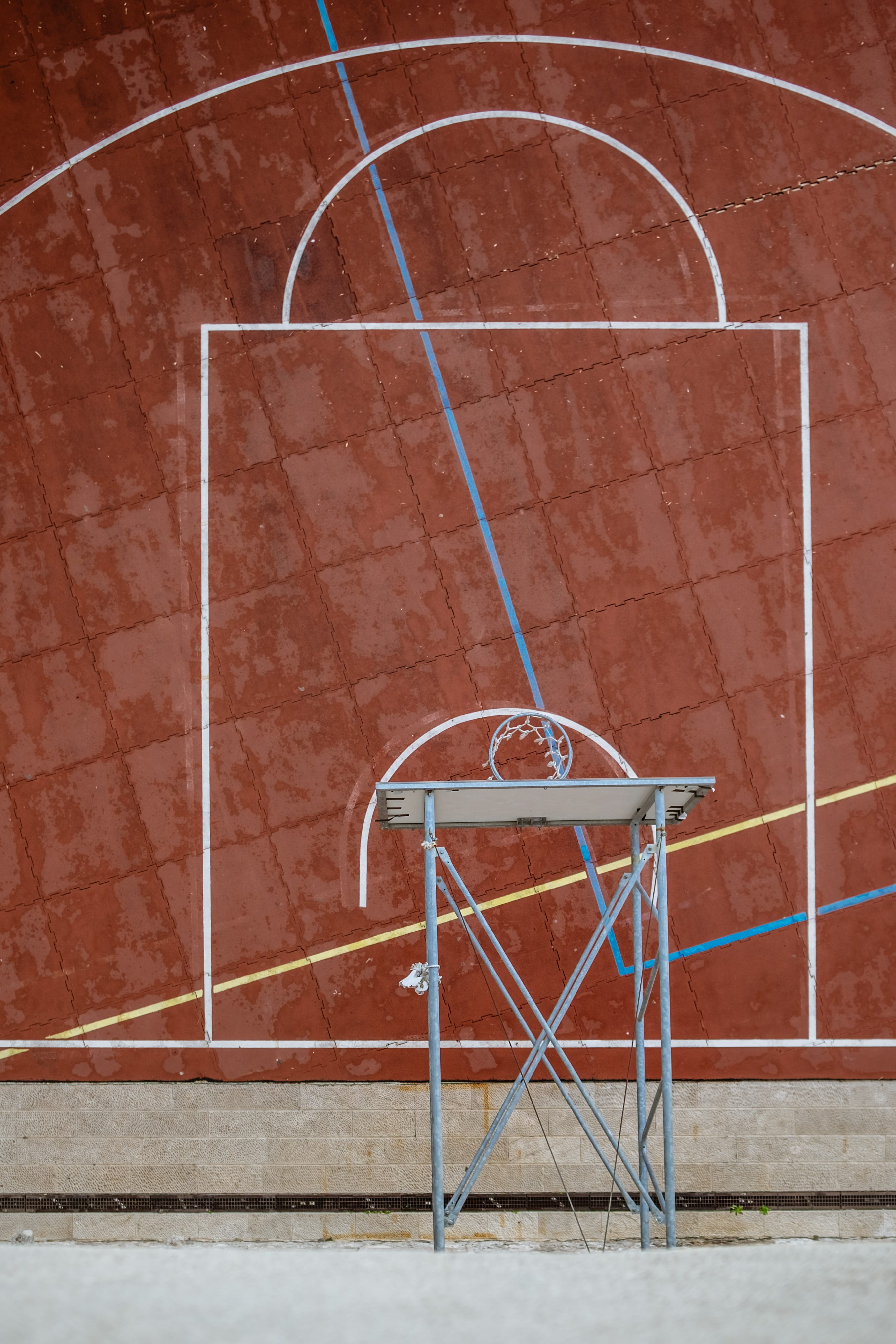 day, relaxation, competition, brick wall, hoop, view, sport, basketball court, wall, lines, minimal, red, architecture, wall - building feature, high angle view, Phone HD Wallpaper