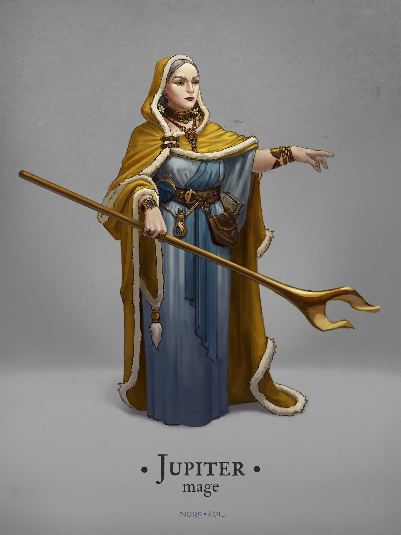 Jupiter Mage, royalty, indoors, portrait, women, studio shot, gold colored, full length, clothing, adult, 720P, gray, drawing, one person, the past, staff, Phone HD Wallpaper