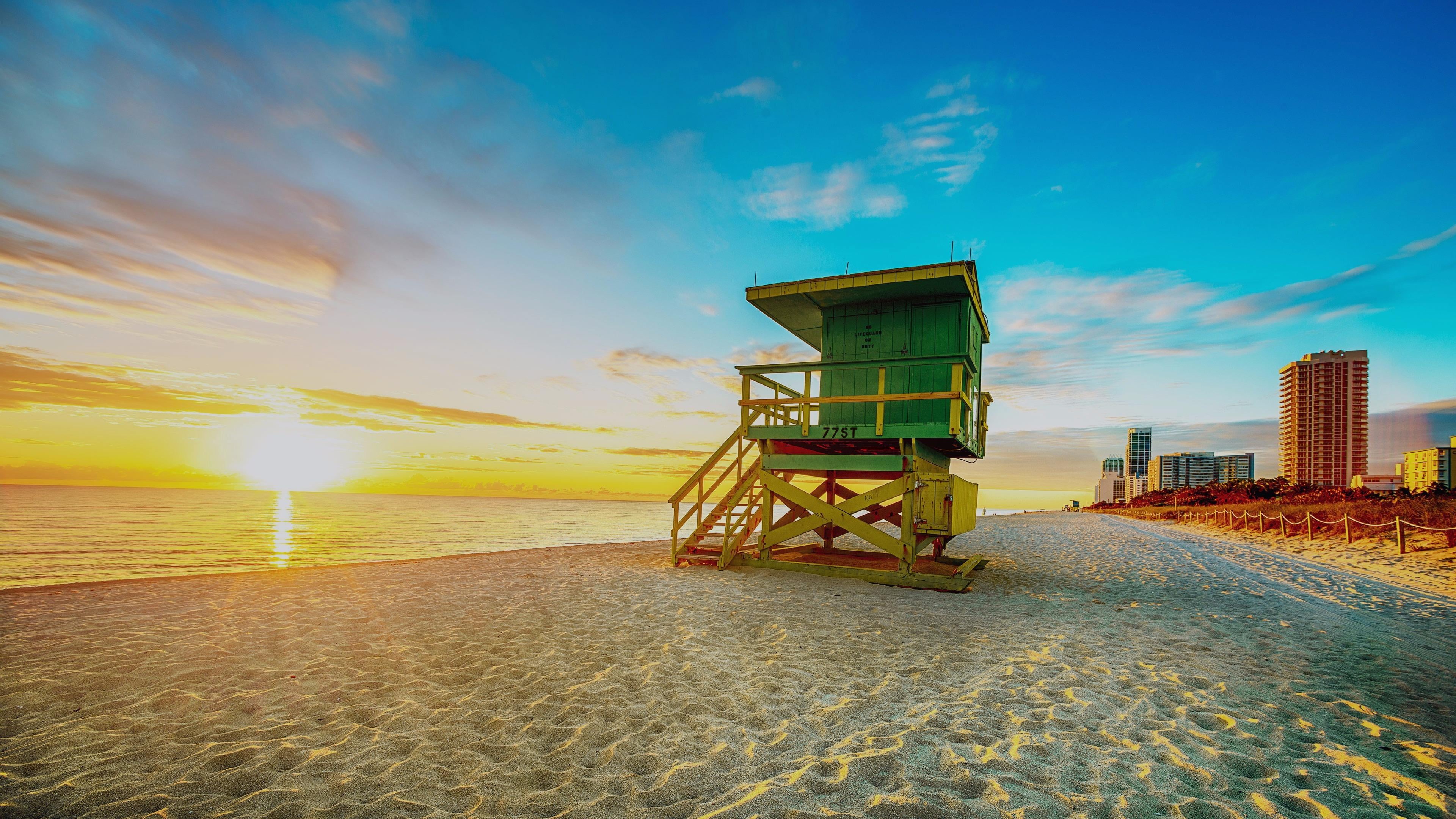 lifeguard hut, no people, hut, florida, man made structure, landscape, miami beach, lifeguard stand, safety, cloud, sunlight, morning, architecture, 4K, HD Wallpaper
