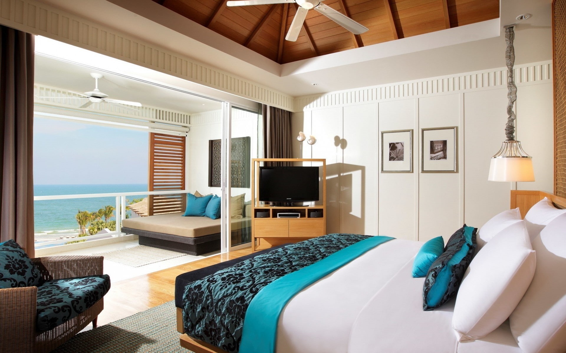 room, beach, interior design, hotel, furniture, 1080P, sea, HD Wallpaper