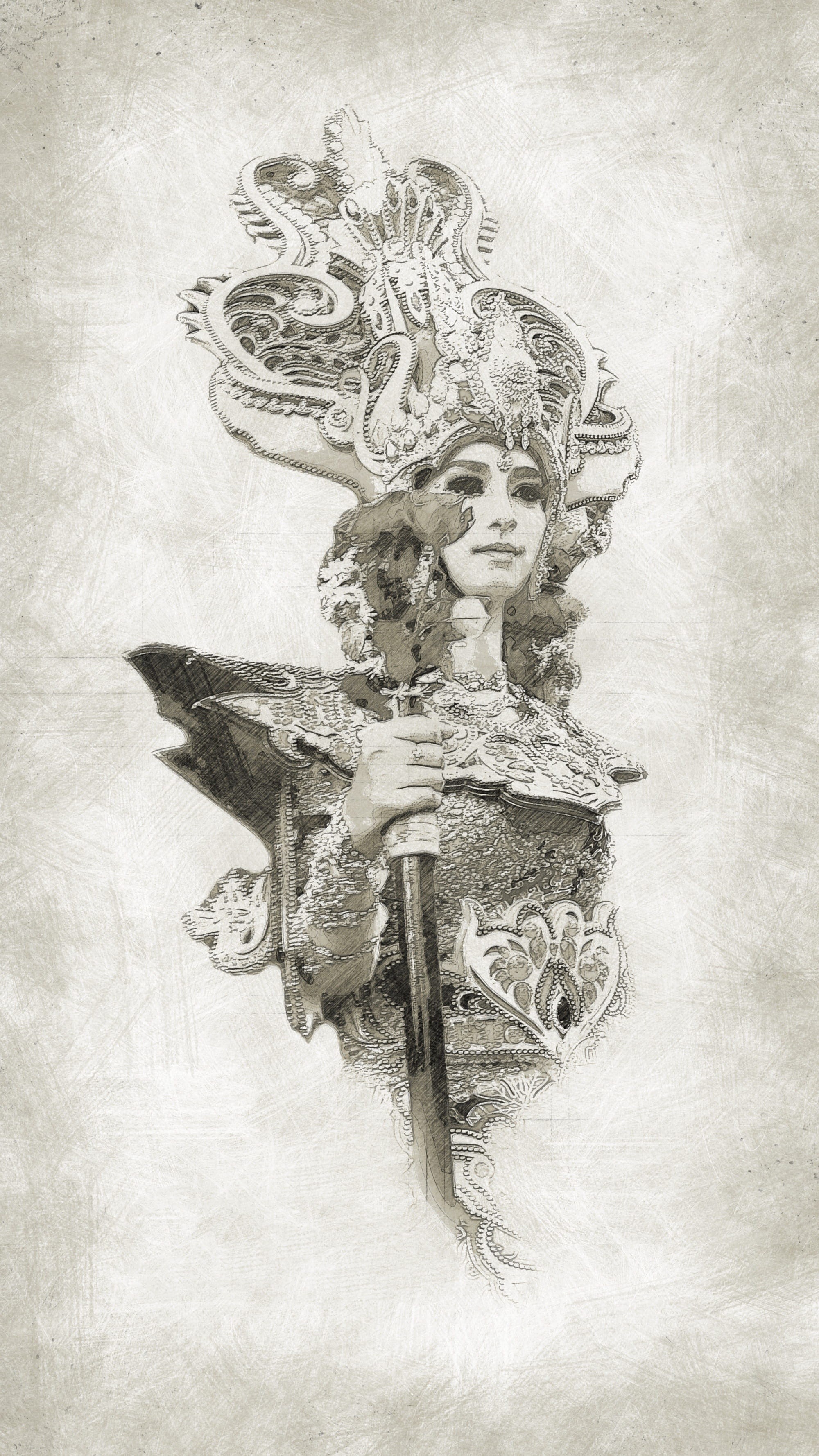 drawing, holding, textured effect, clothing, black And White, art and craft, staff, fantasy, sketch, portrait, statue, sepia toned, history, white, beauty, Phone HD Wallpaper
