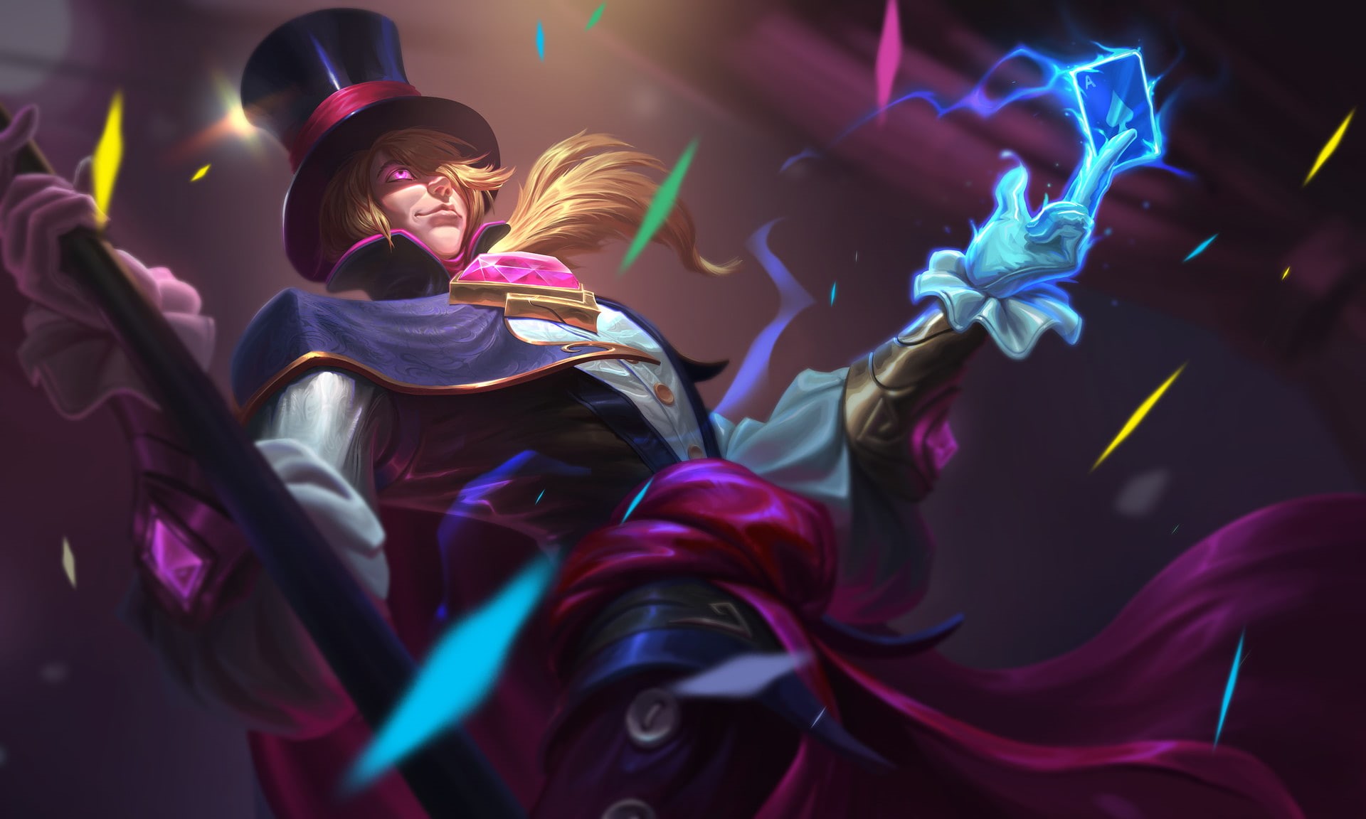 digital art, top hat, magic, magician, Zander (Battlerite), men, blonde, pink eyes, cards, 1080P, artwork, Battlerite, aces, video games, HD Wallpaper