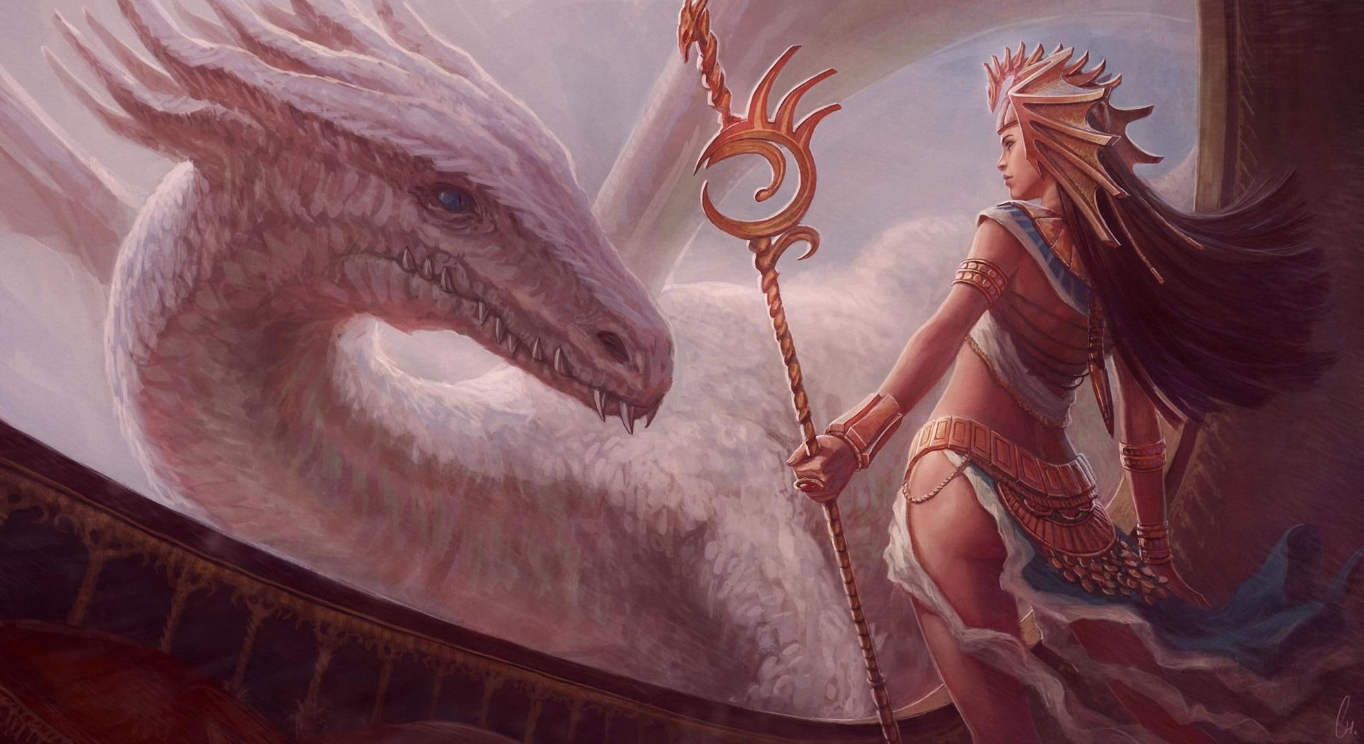 dragon, pictures, 1080P, mage, staff, fantasy, girls, HD Wallpaper