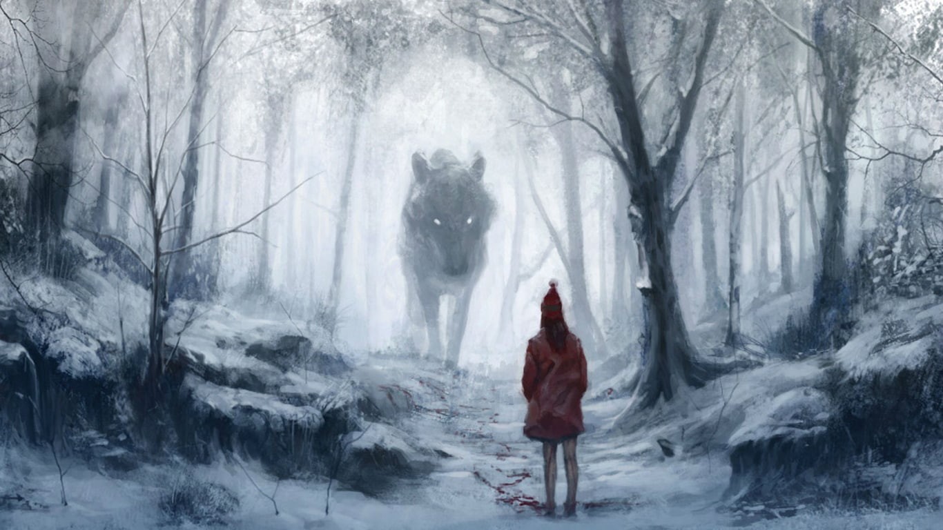 trees, illustration, red, giant, coat, hd, forest, hood, drawing, little, wolf, woman, fantasy, 720P, riding, HD Wallpaper