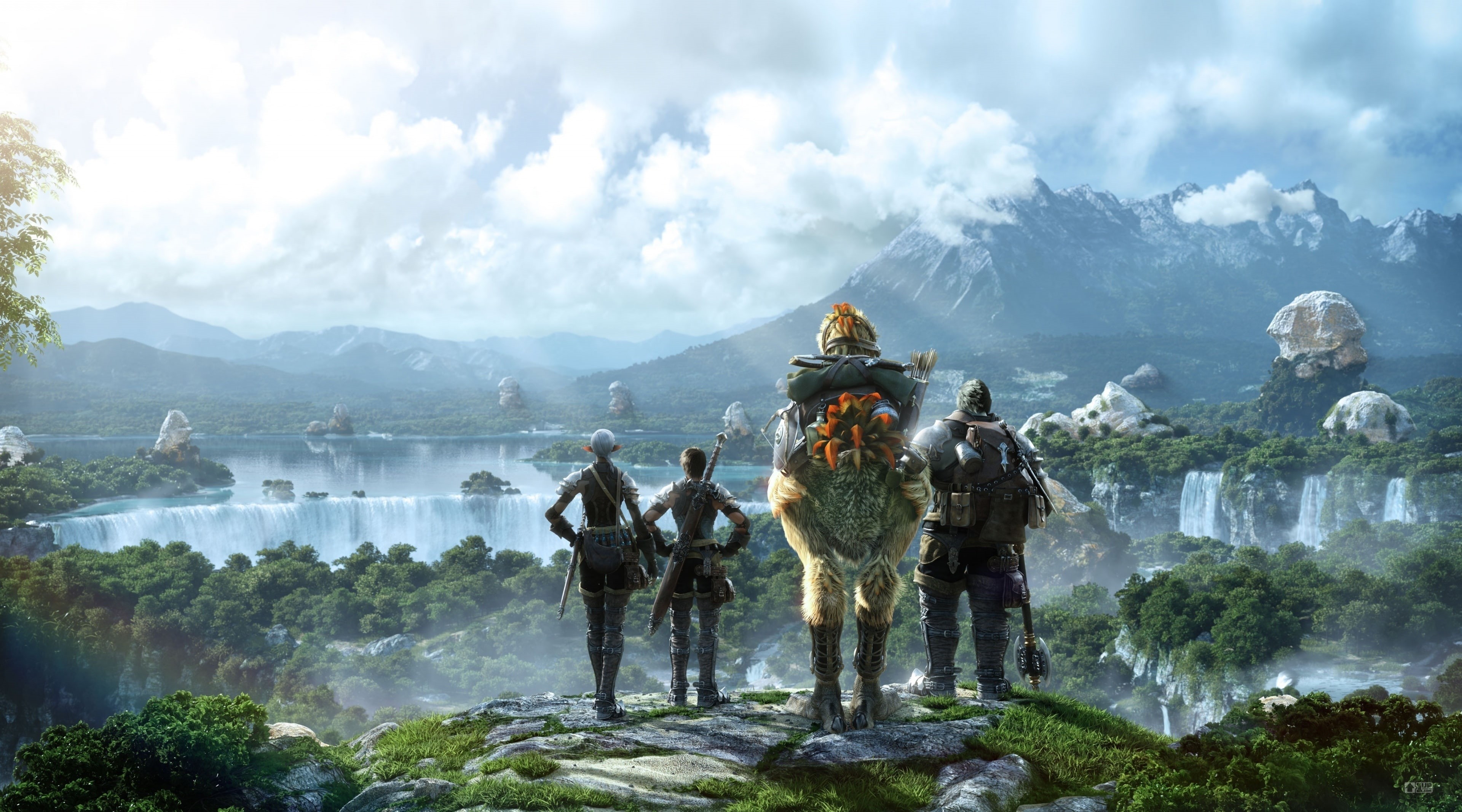 travel destinations, water, day, digital, Games, final fantasy xiv online, group of people, xiv, Final Fantasy, four, wallaper, tree, 4K, flowing water, HD Wallpaper