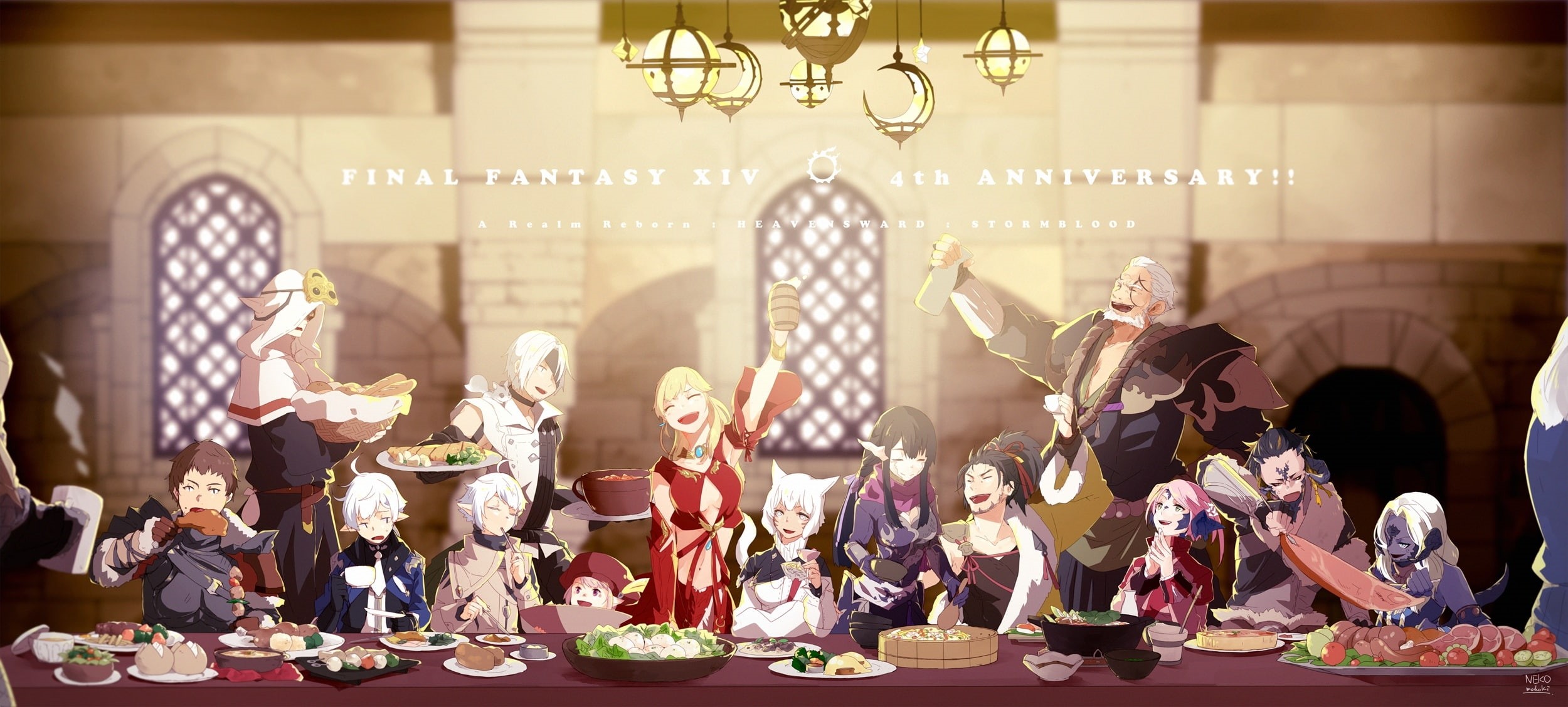 Anime, girls, men, togetherness, anime style, indoors, table, lifestyles, final fantasy xiv, real people, 1080P, fun, sitting, child, au ra, celebration, HD Wallpaper