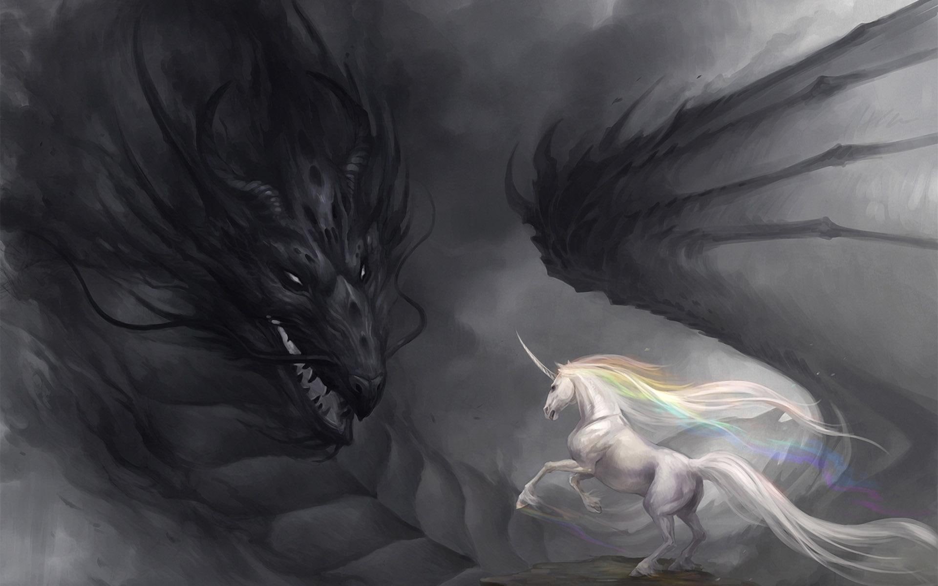 dragon, painting, 1080P, 1920x1200, fantasy, unicorn, HD Wallpaper