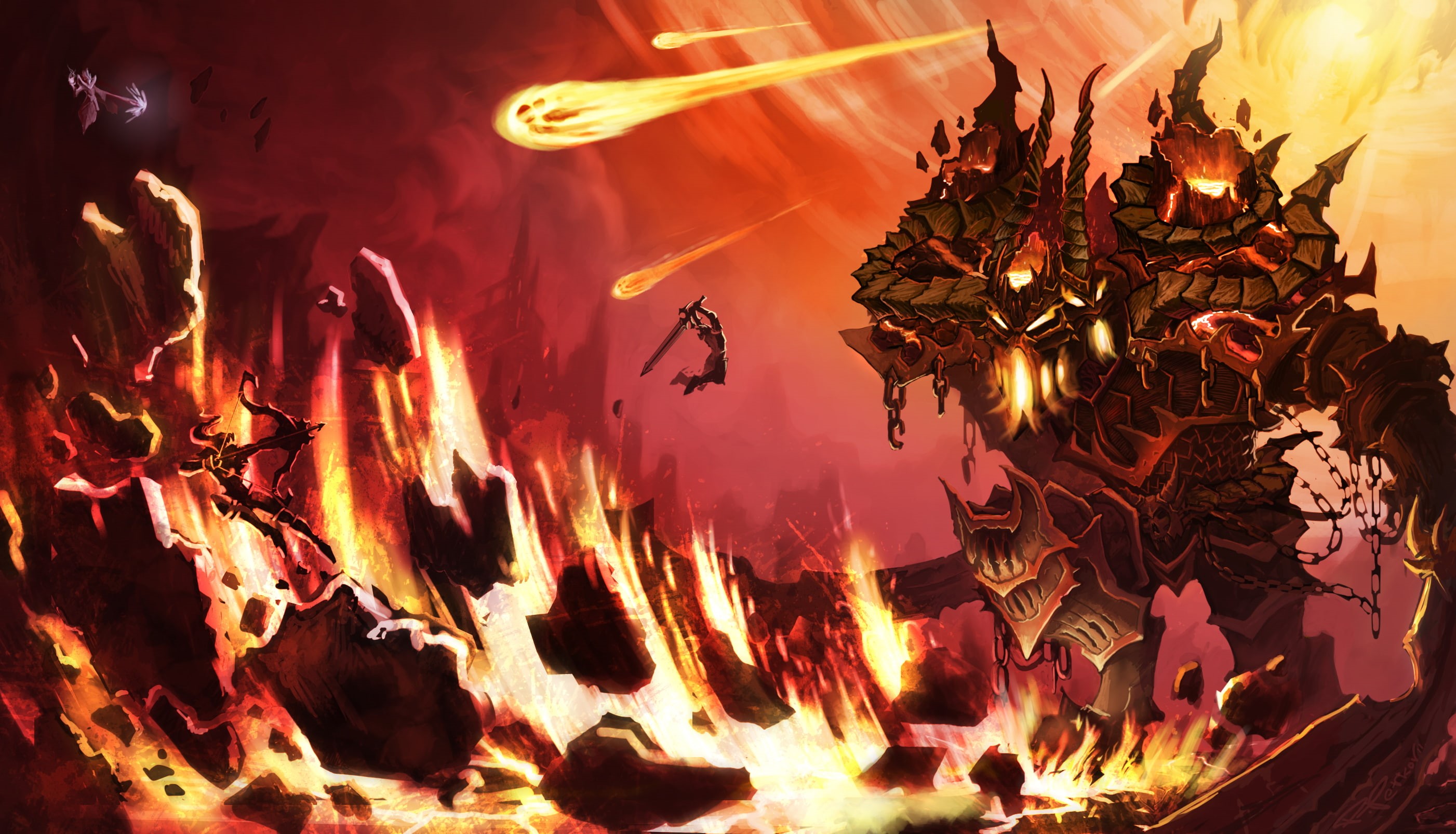 nature, sky, animal, Magic, animals in the wild, flying, art, flame, motion, weapon, burning, water, orange color, sea, horror, Hell, sword, monster, demon, HD Wallpaper