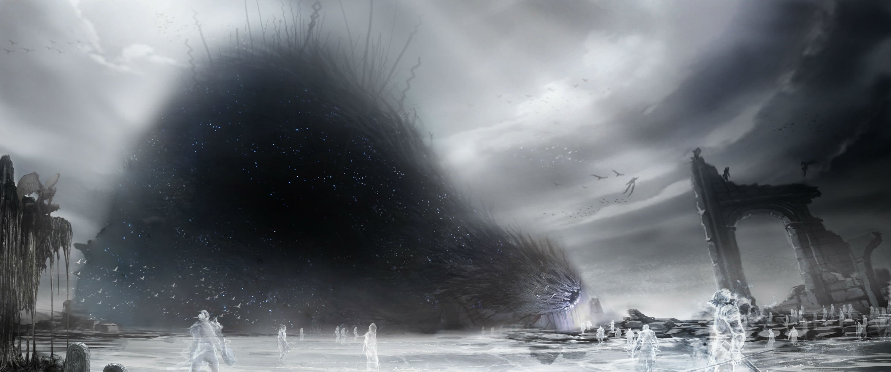2K, Demonssouls, fear, emotion, horror, dramatic sky, nature, rpg, architecture, Demonzu, sky, sign, cloud - sky, 3000x1252 px, wet, Souru, water, warning sign, HD Wallpaper