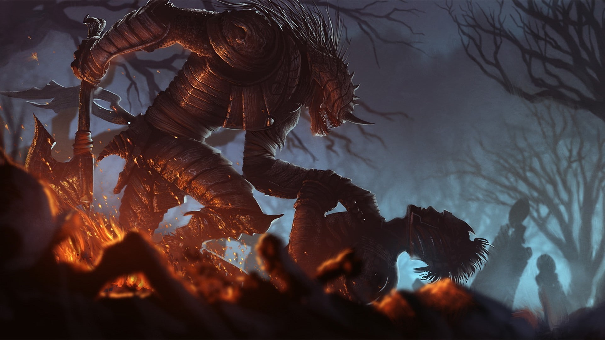 1080P, hero, death, axe, weapons, alien, soldiers, monster, war, fantasy, dark, trees, creature, flames, atilgan, asikuzun, cemetery, forest, warrior, HD Wallpaper