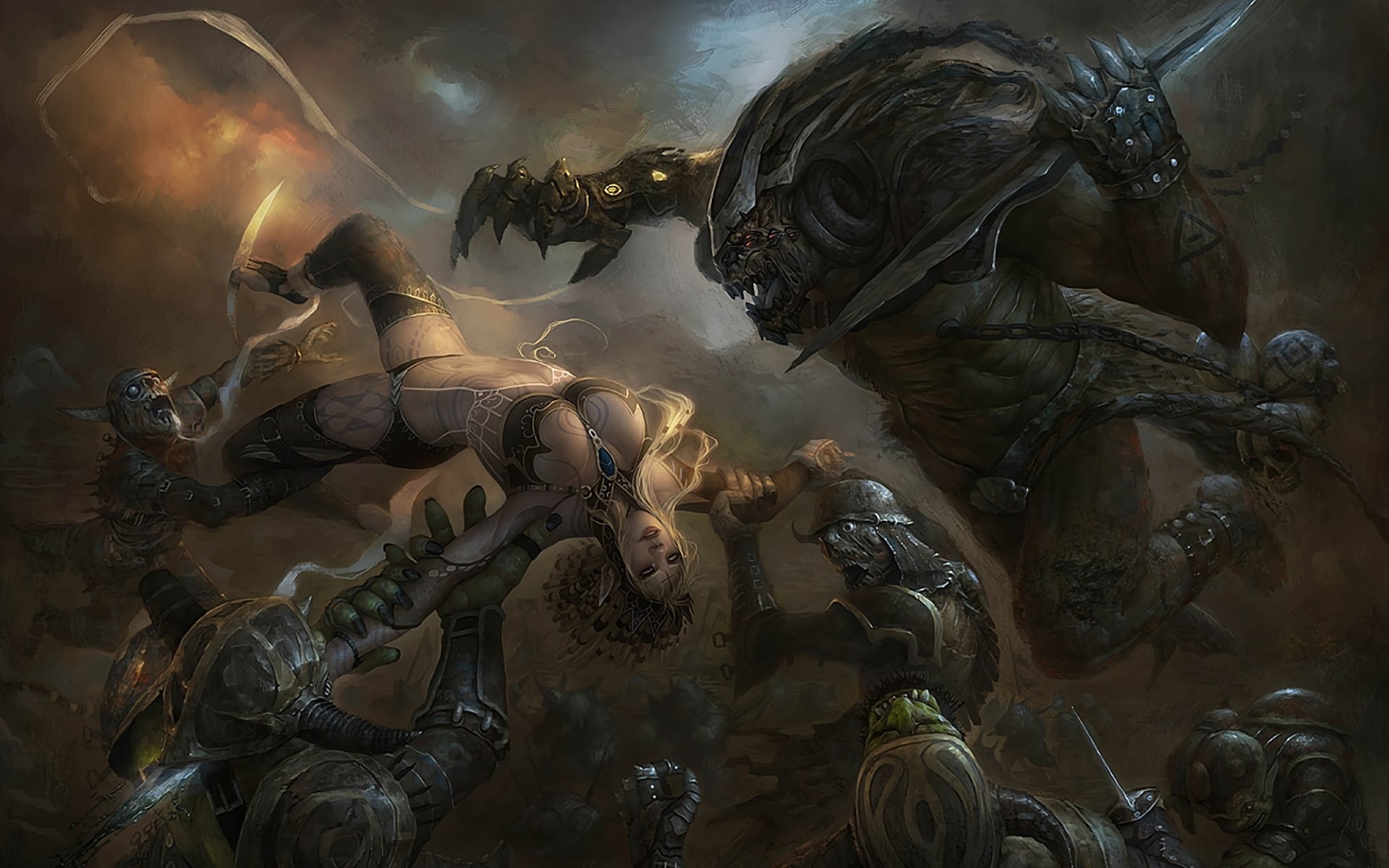 Evil, fantasy, trejoeeee, Knights, Goblin, spooky, soldiers, Dark, females, helmet, creatures, weapons, spear, monsters, COM, Magic, armor, Prisoner, warriors, HD Wallpaper