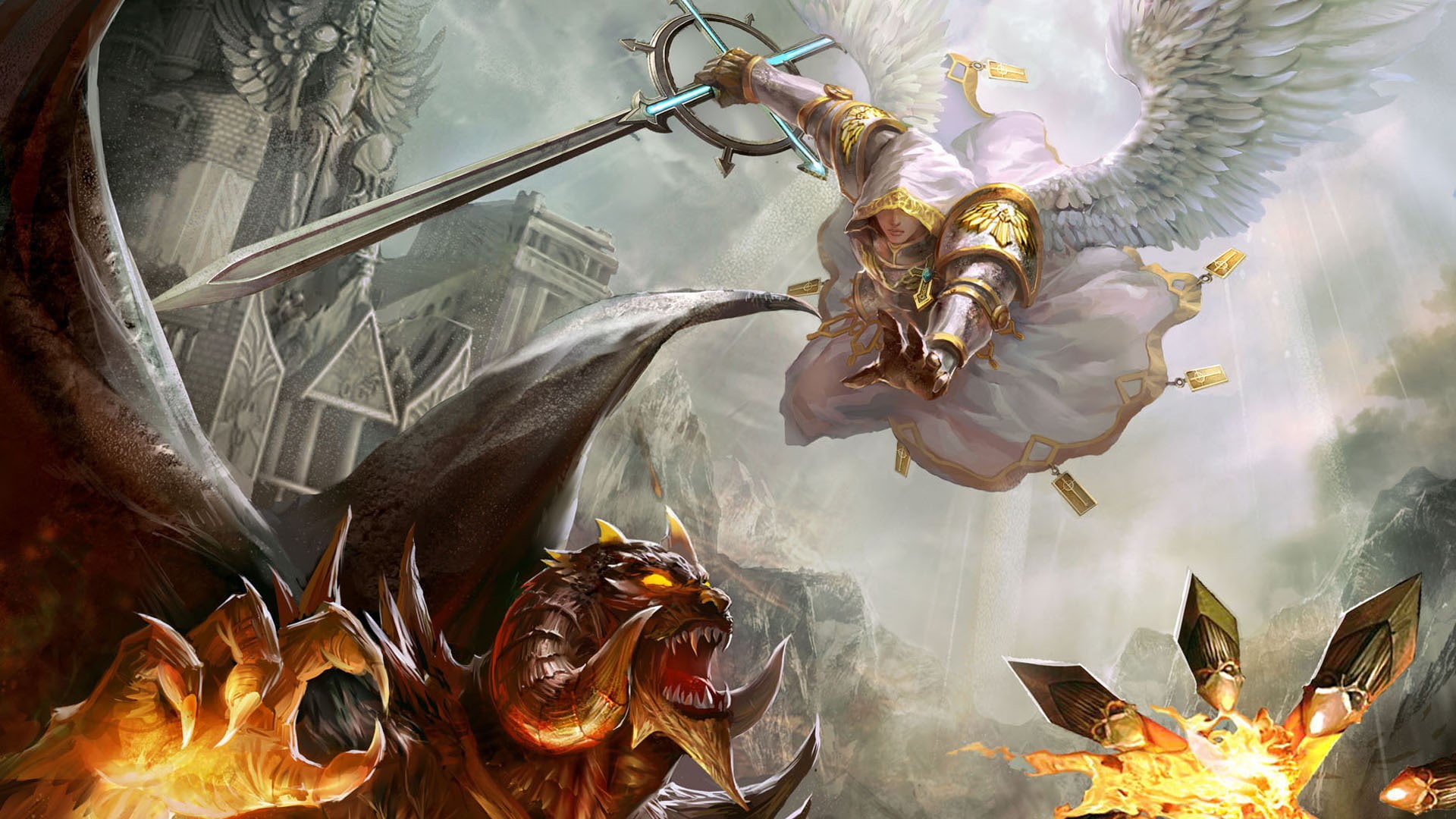 heroes, warriors, fantasy, weapons, creature, 1080P, fire, art, battle, sword, monster, magic, HD Wallpaper