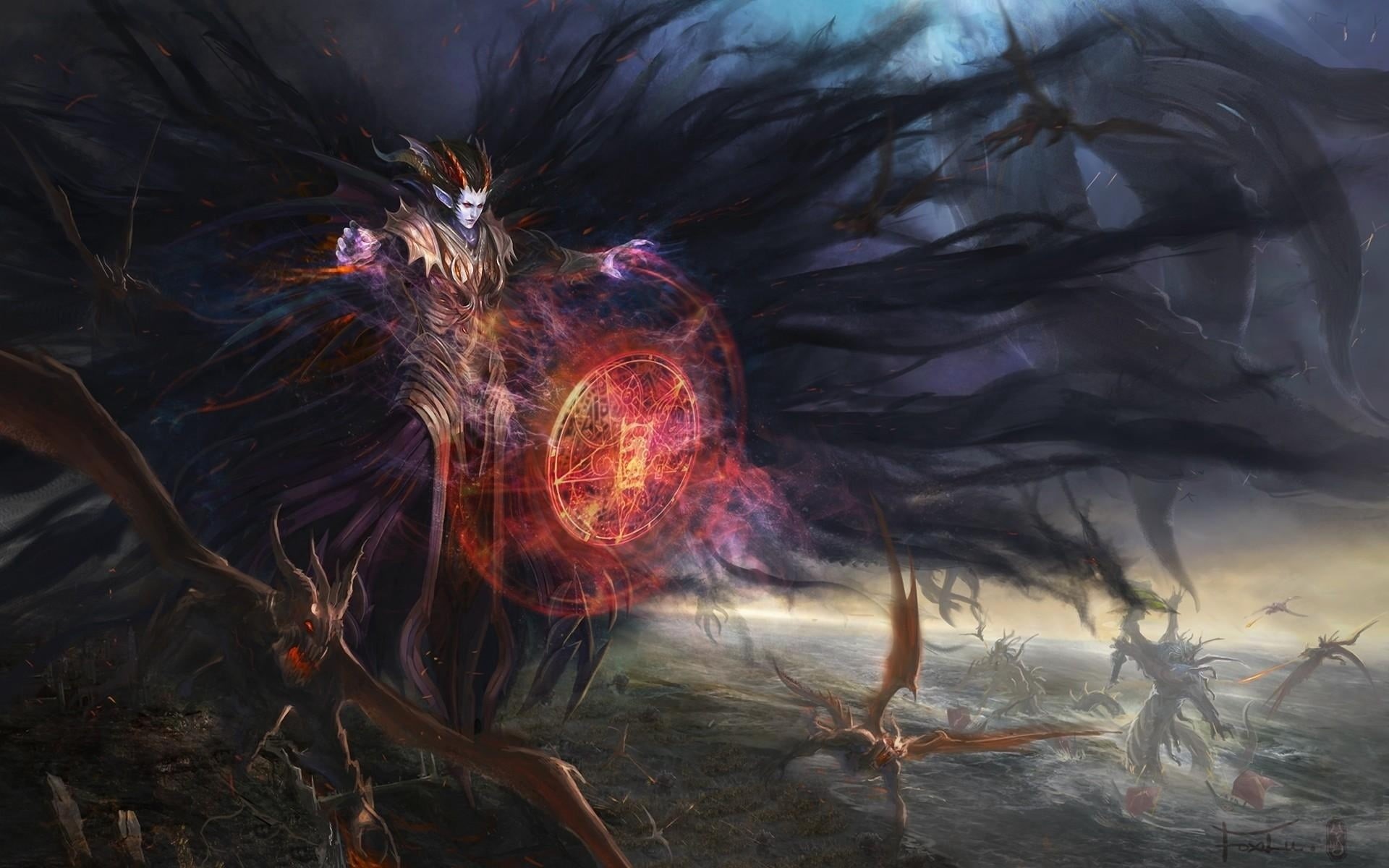 attack, shield, illuminated, blurred motion, fractal, 1080P, futuristic, demon, fire - Natural Phenomenon, magic, surreal, pattern, mage, land, HD Wallpaper