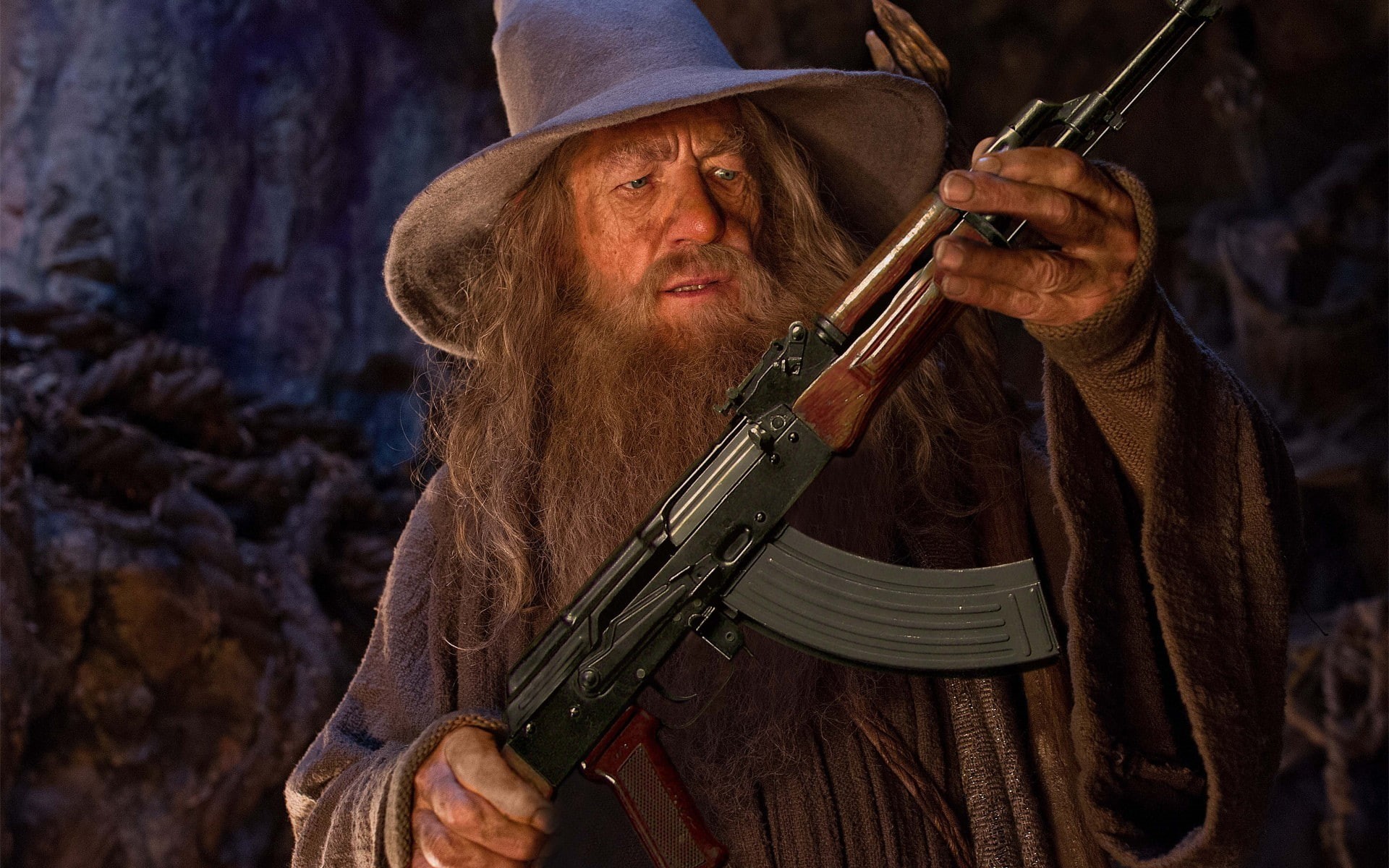 1080P, The Lord of the Rings, hat, gun, weapon, wizard, Gandalf, AKM, humor, HD Wallpaper