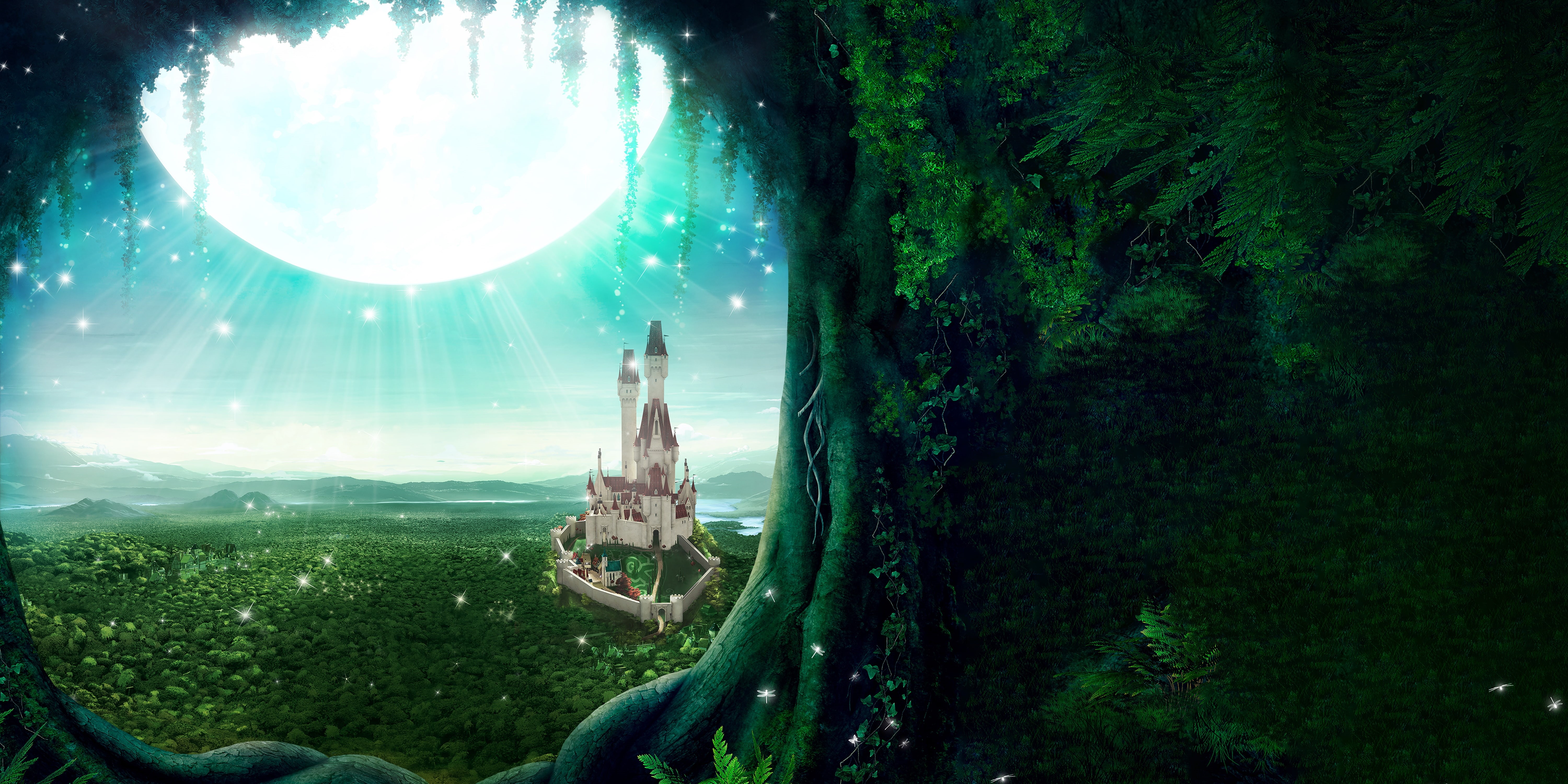 5K, 5K, Fairy tale, Heaven, Castle, Tree, Moon, HD Wallpaper