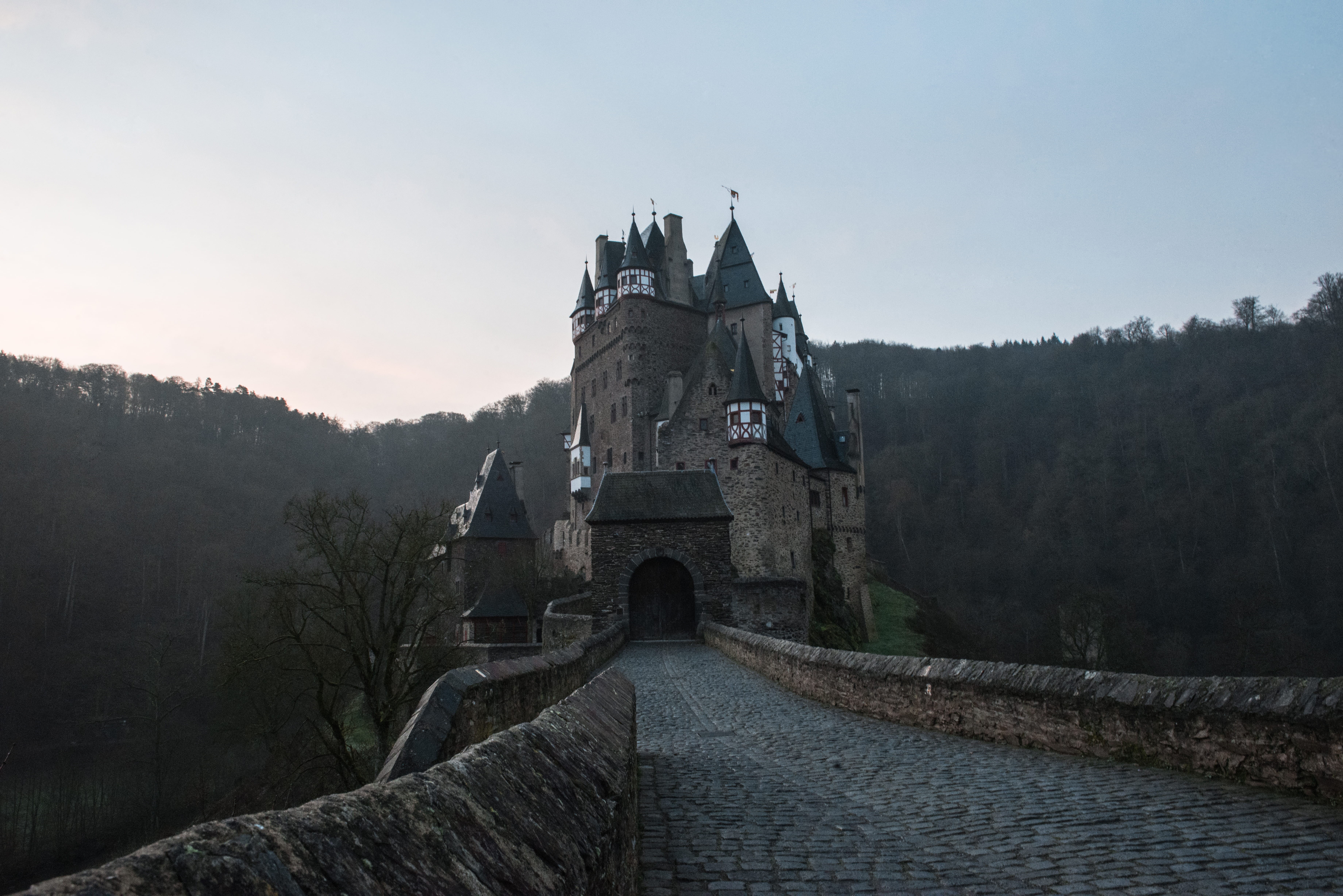 tree, building exterior, fog, castle, religion, no people, nature, sky, place of worship, spirituality, photography, belief, 5K, trees, daytime, the past, HD Wallpaper
