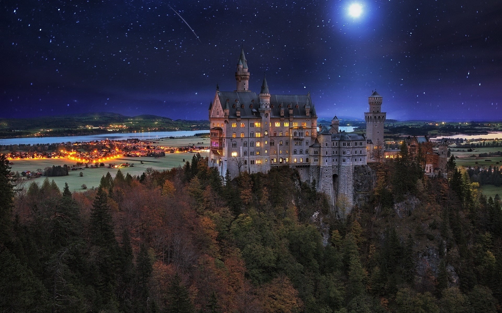 Night, Castle, 1080P, Germany, Trees, Lights, Moon, HD Wallpaper