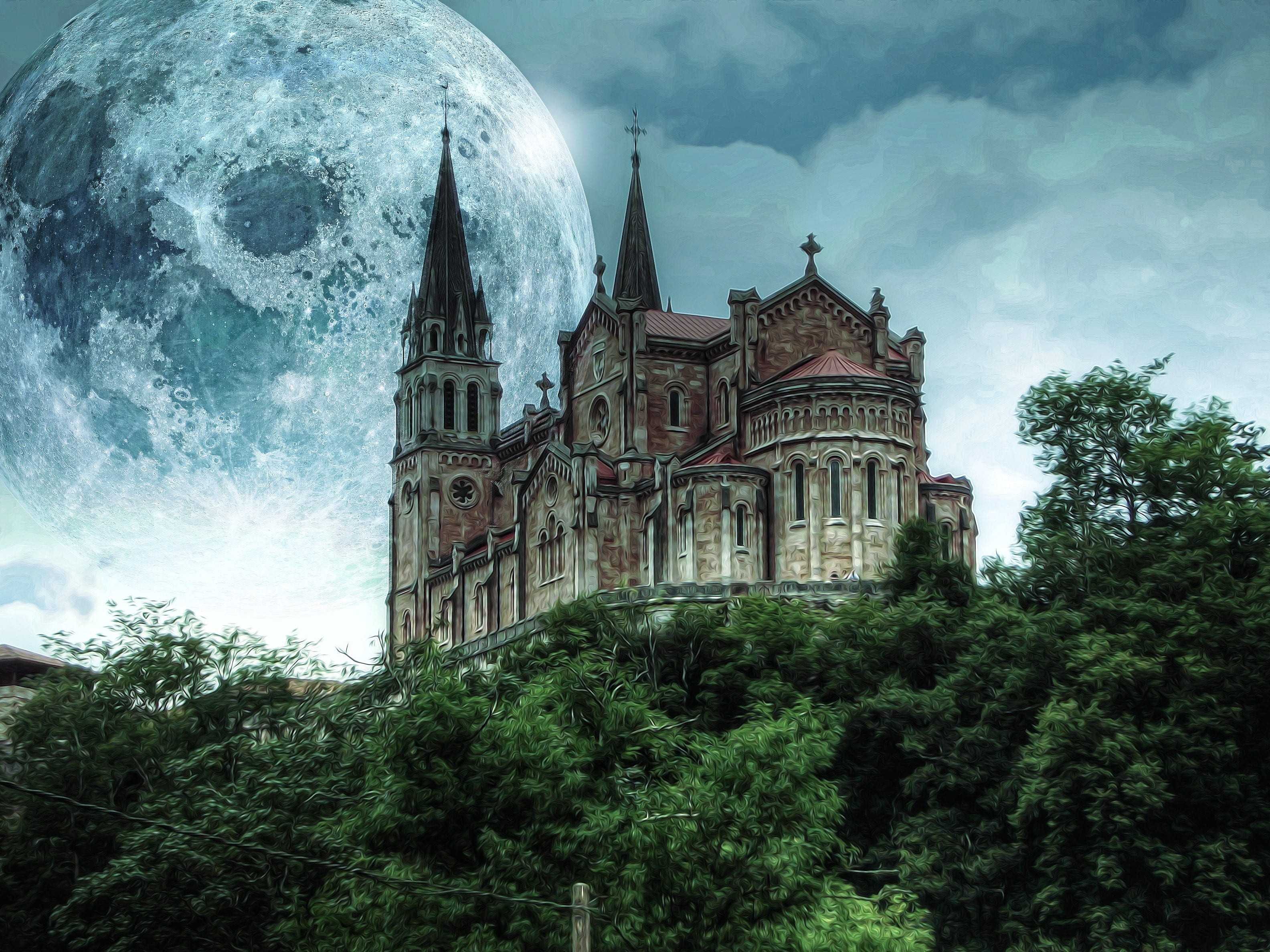 cloud - sky, low angle view, trees, spirituality, castle, building exterior, plant, mountain, gothic, mystery, no people, tree, dark, religion, built structure, HD Wallpaper