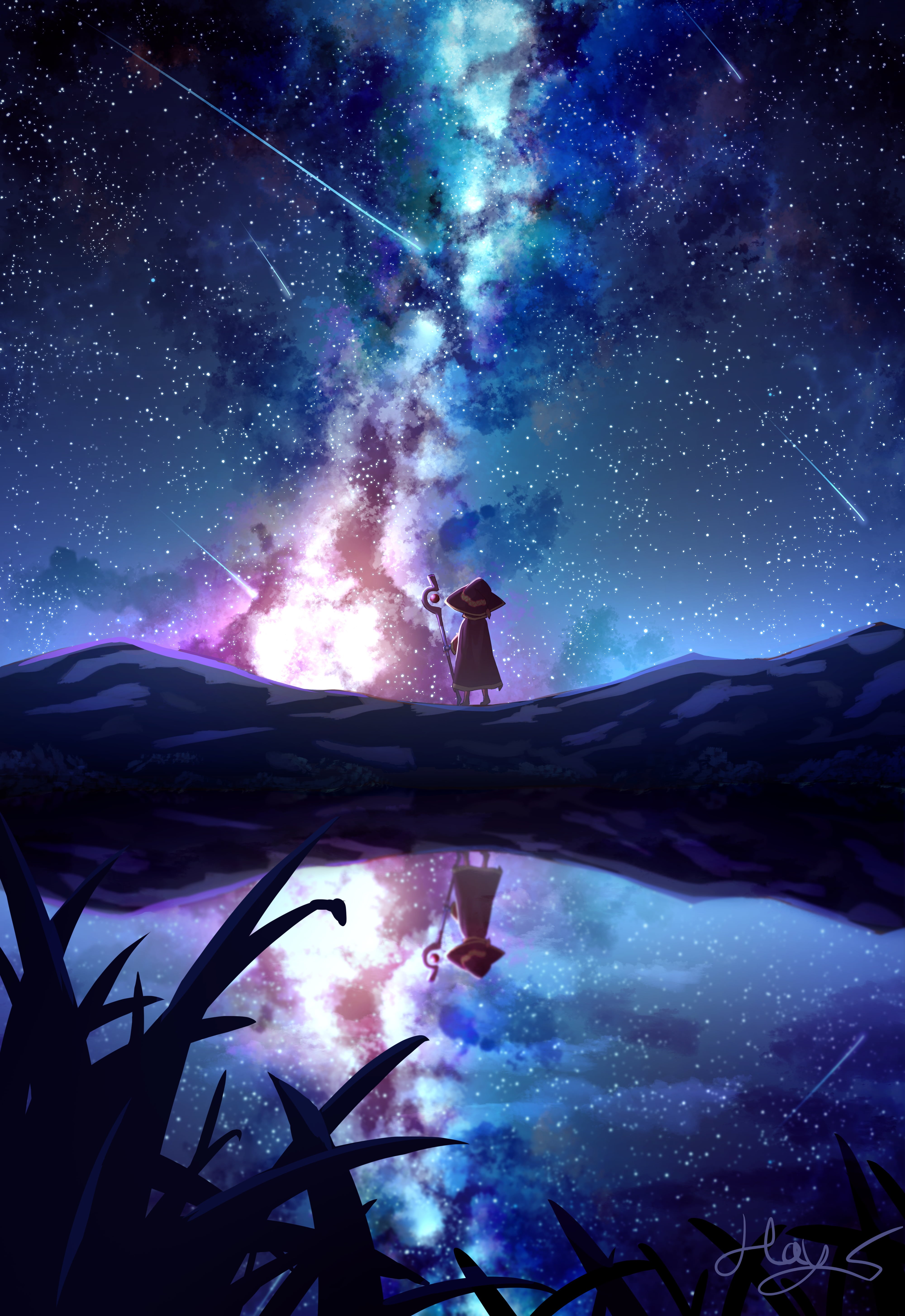 2D, short hair, Kono Subarashii Sekai ni Shukufuku wo!, starry night, anime girls, explosion, 5K, fan art, witch hat, Megumin, Phone HD Wallpaper