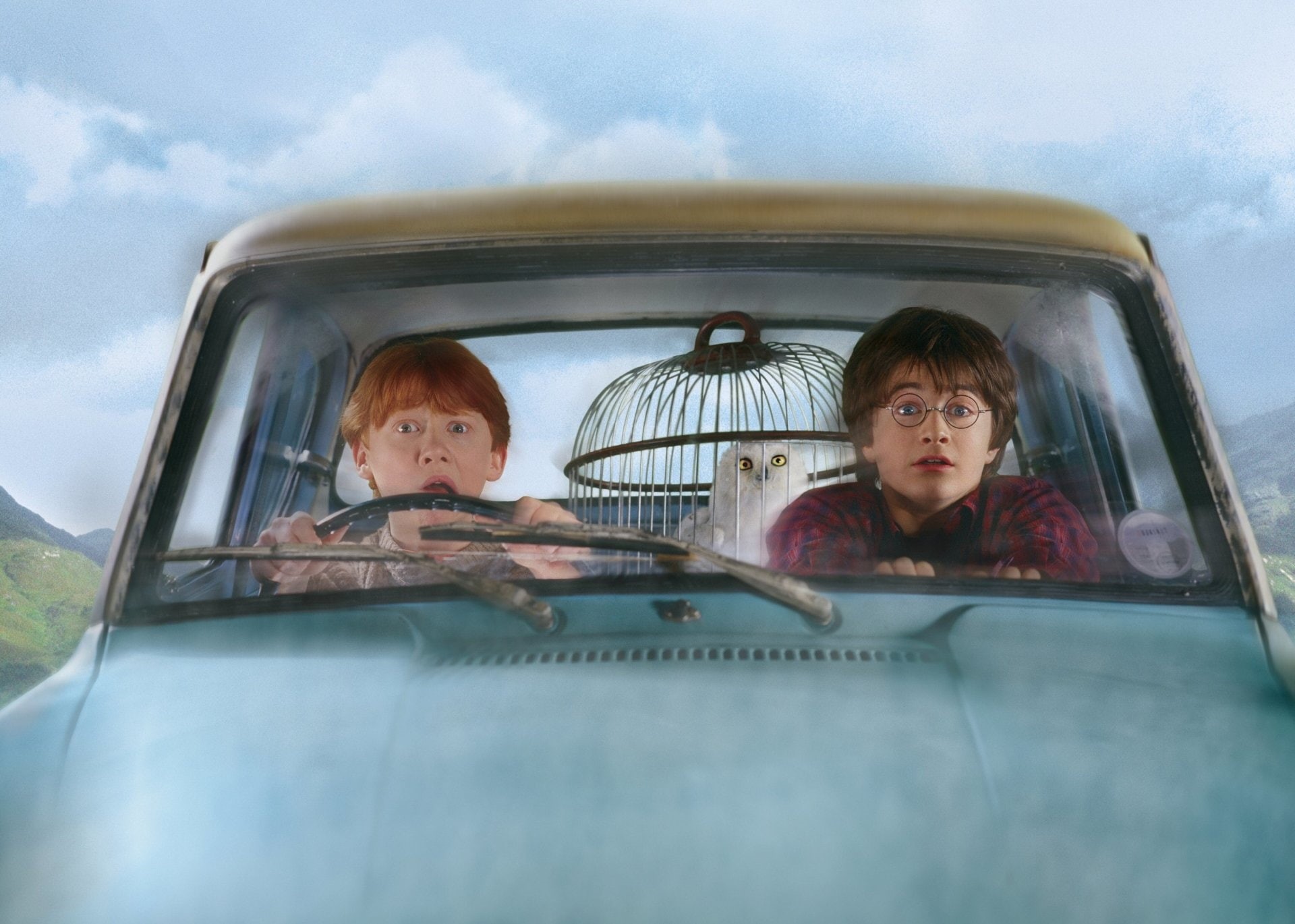 two people, motor vehicle, glass - material, Harry Potter, mode of transportation, child, childhood, Ron Weasley, males, travel, Rupert Grint, Harry Potter and the Chamber of Secrets, HD Wallpaper