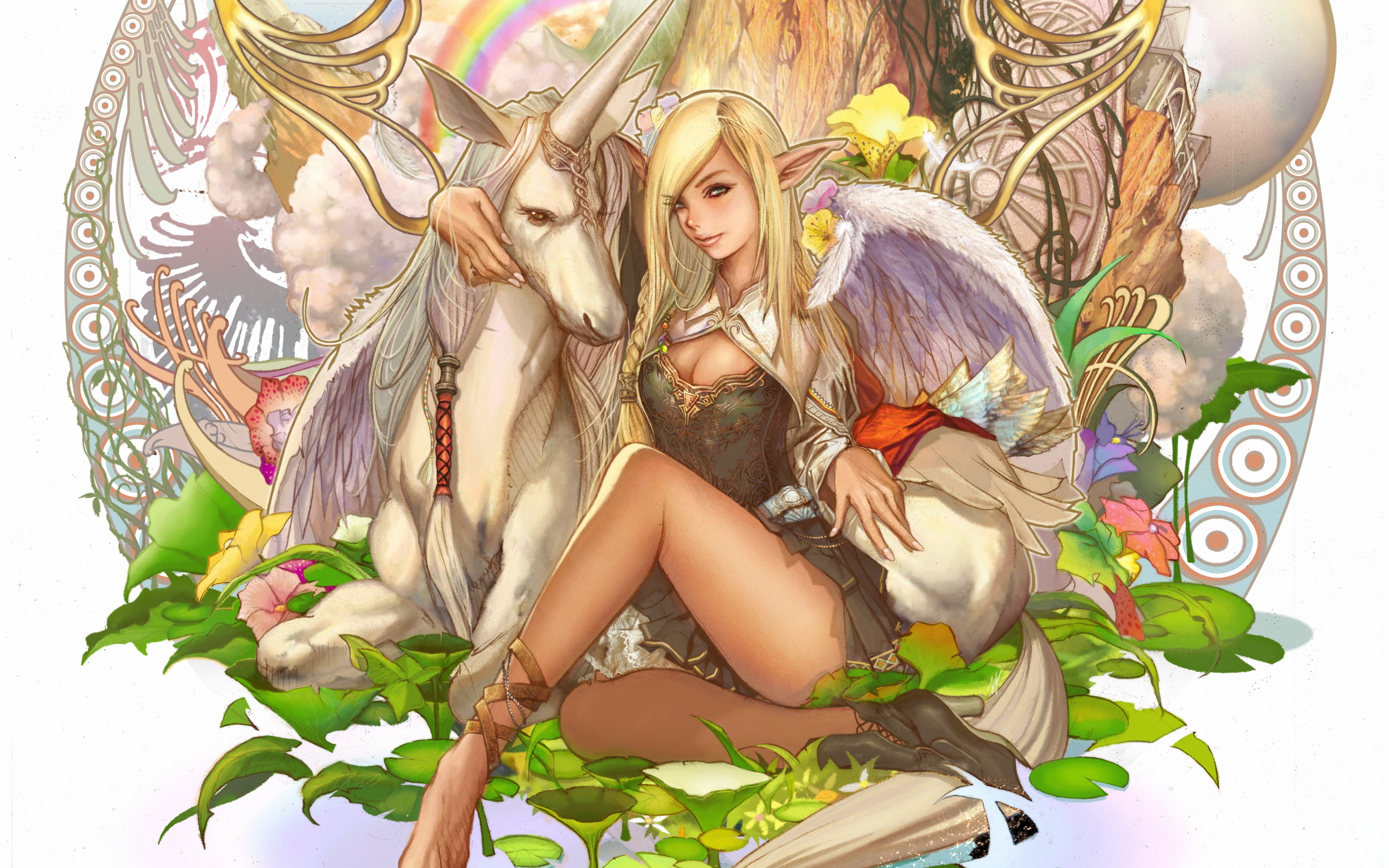 unicorn, elf, games, girl, art, 2K, lineage, fantasy, HD Wallpaper