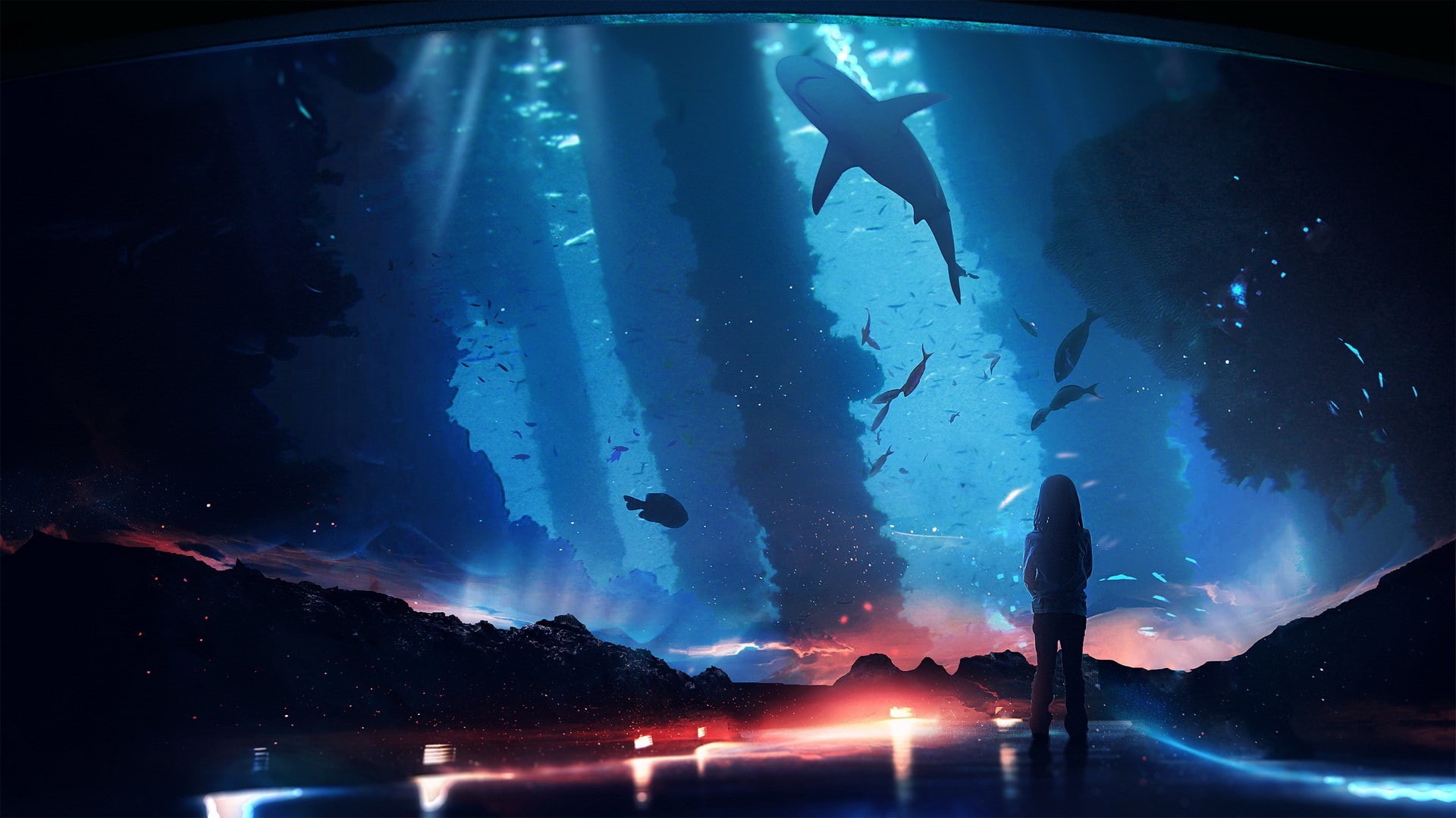 shark, people, underwater, CG, 1080P, digital art, HD Wallpaper