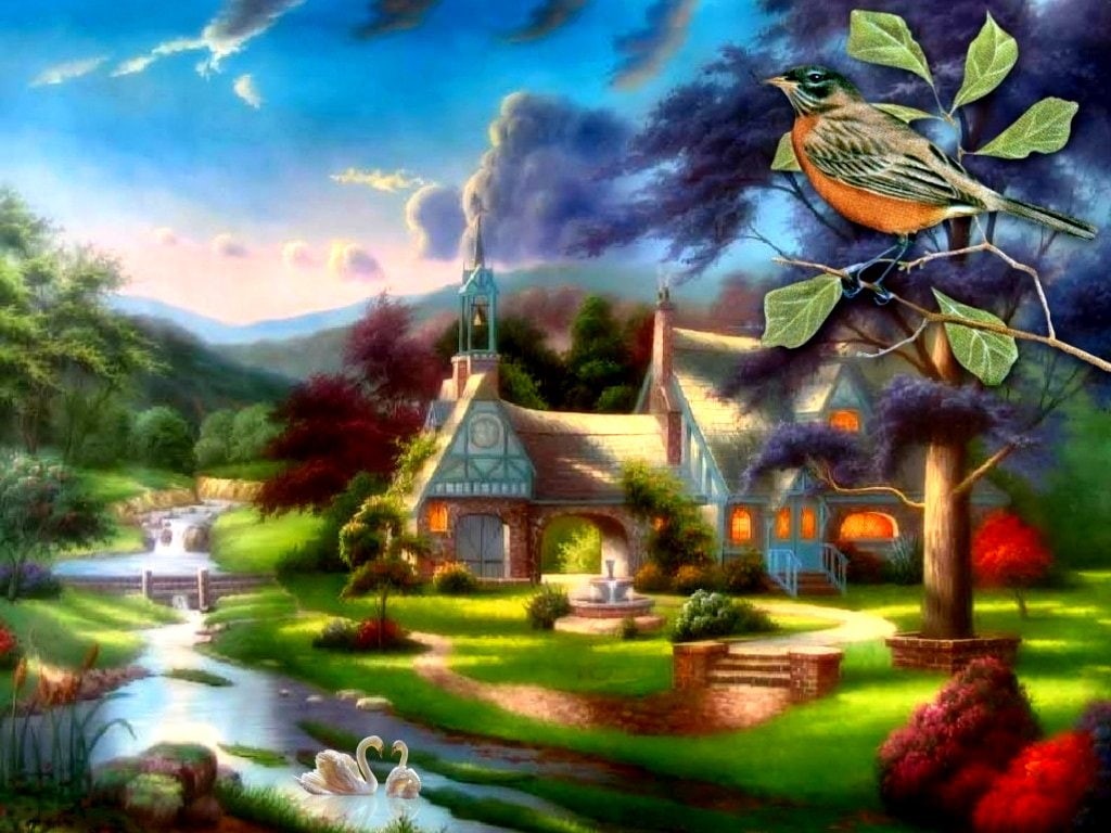 summer, hd, 480P, nature, cg, water, d, Bird, abstract, cottage, art, house, HD Wallpaper