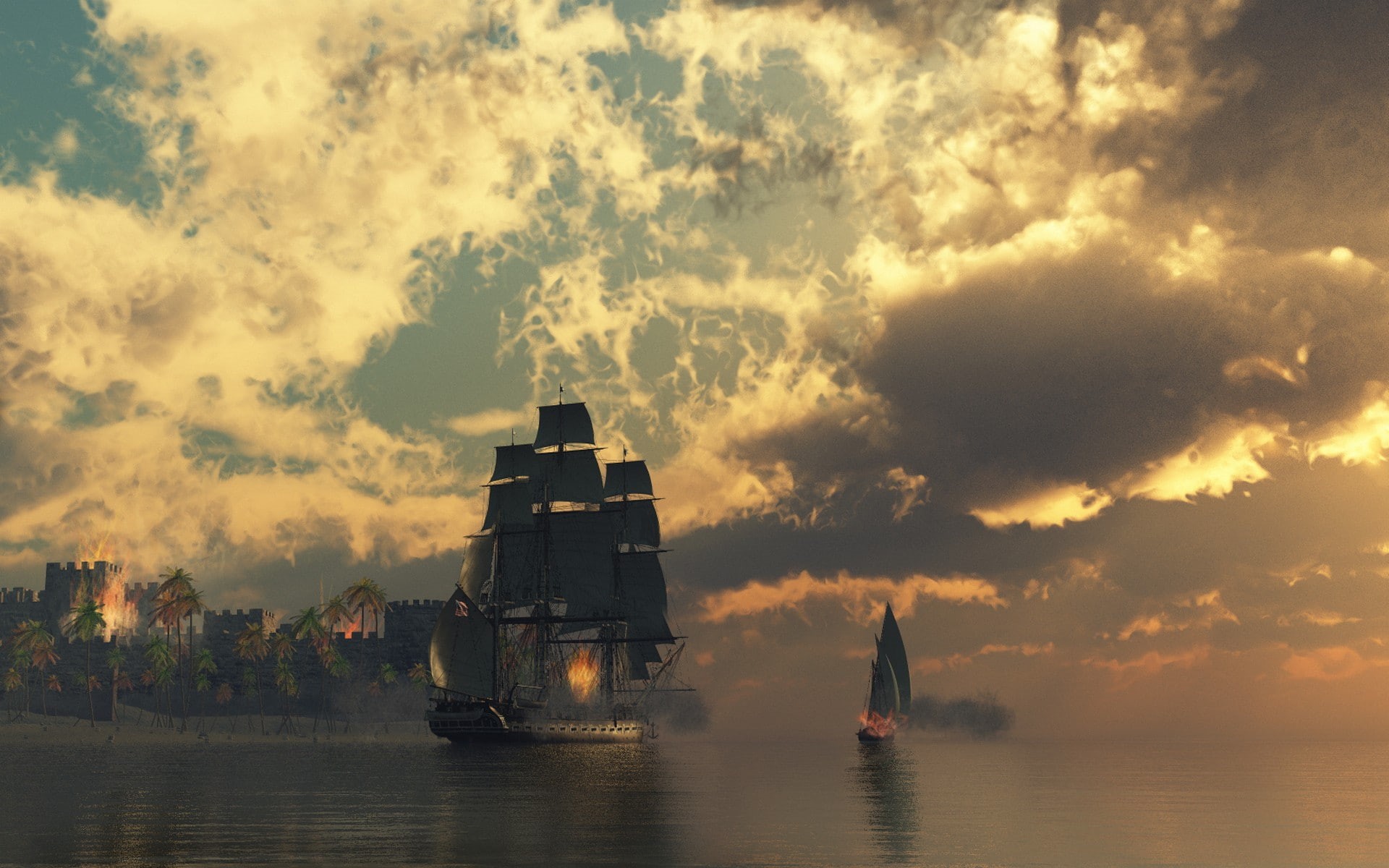 hd, fantasy, clouds, schooner, ocean, 1080P, sail, ship, HD Wallpaper