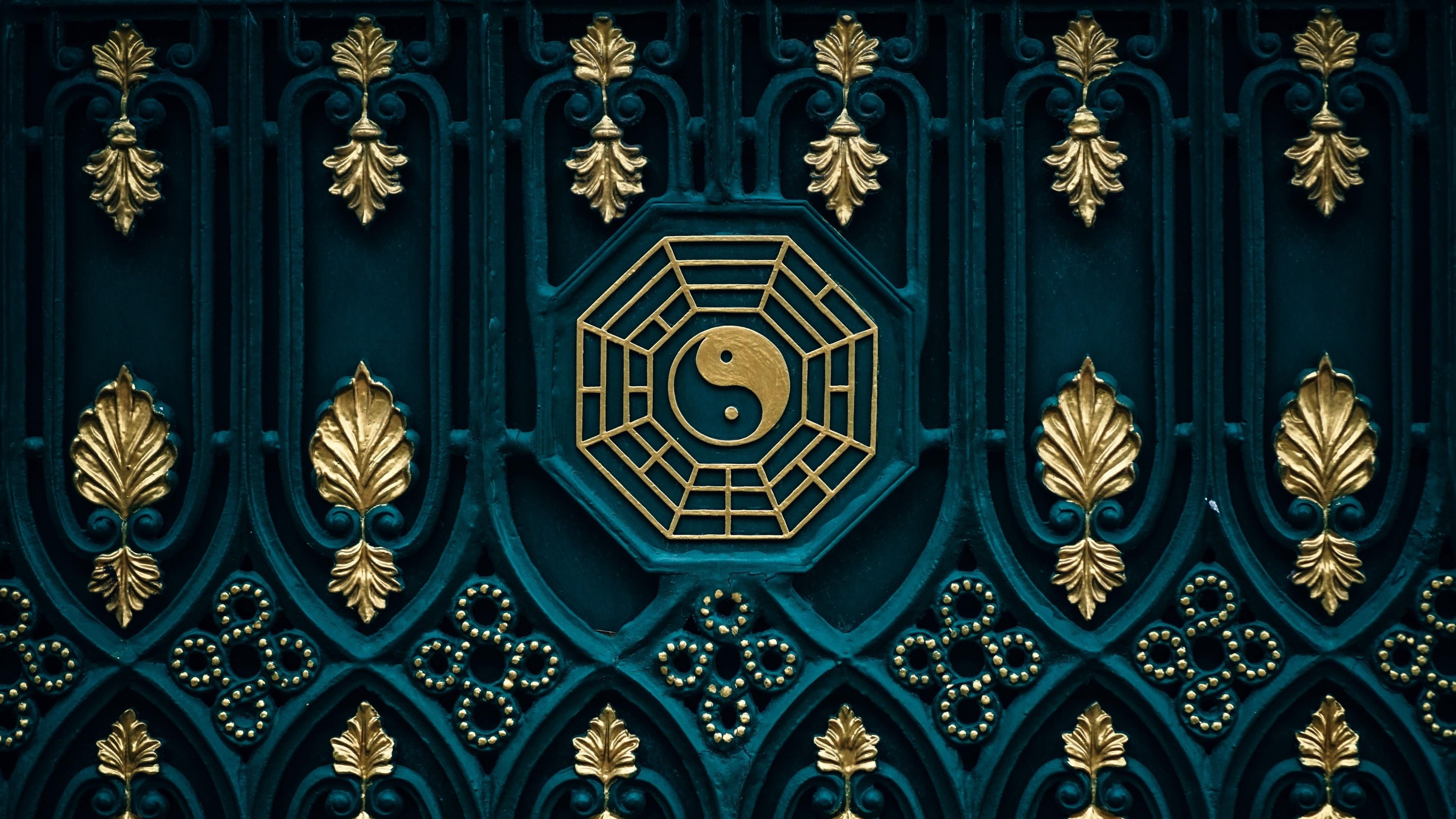 shape, no people, yin yang, asia, creativity, ornate, floral pattern, zen, pattern, spiritual, outdoors, building, art and craft, metal, design, symmetry, HD Wallpaper