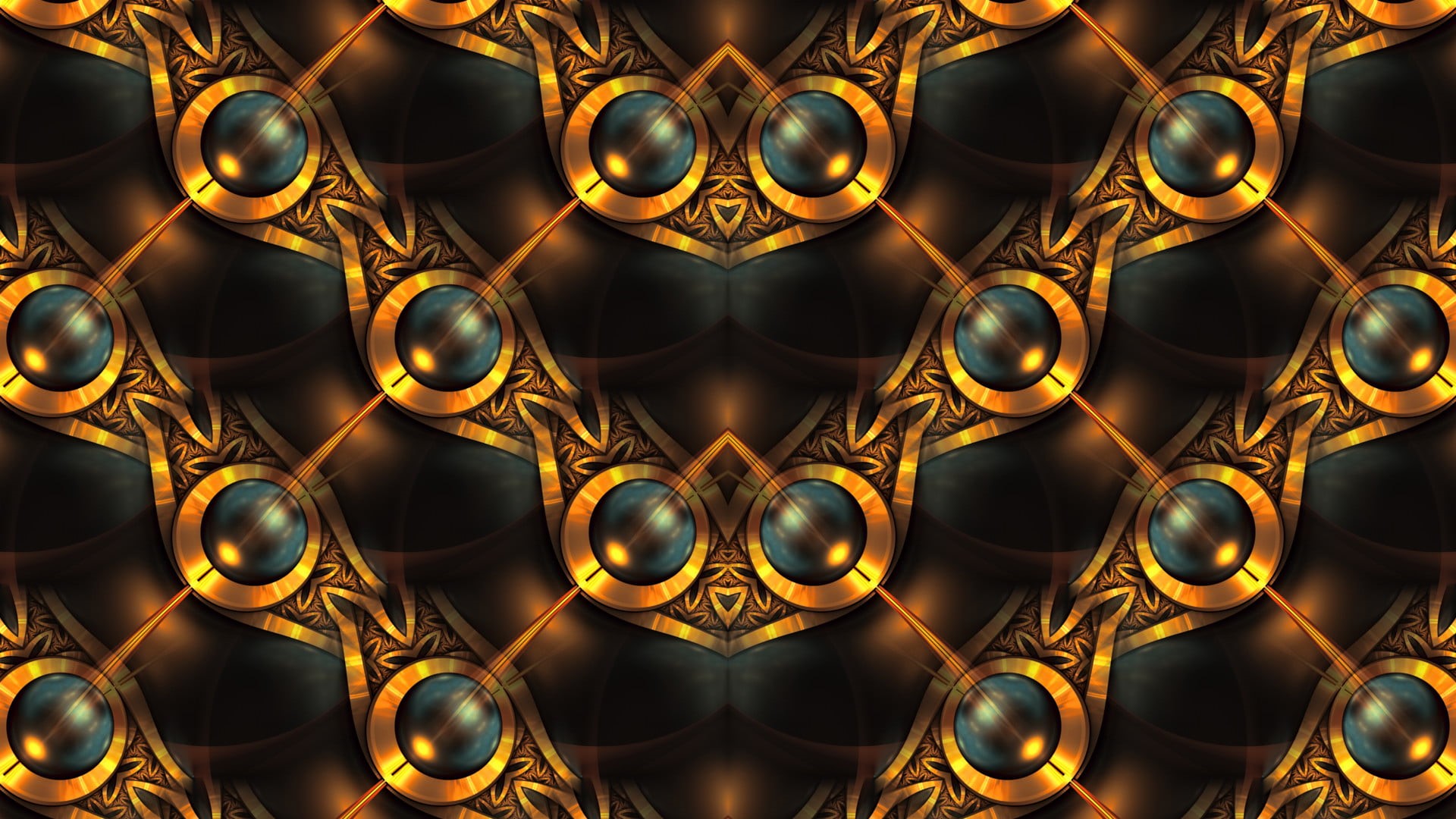 black background, yellow, design, gold colored, macro, no people, geometric shape, shape, symmetry, 1080P, orange color, fractal, shiny, creativity, backgrounds, HD Wallpaper