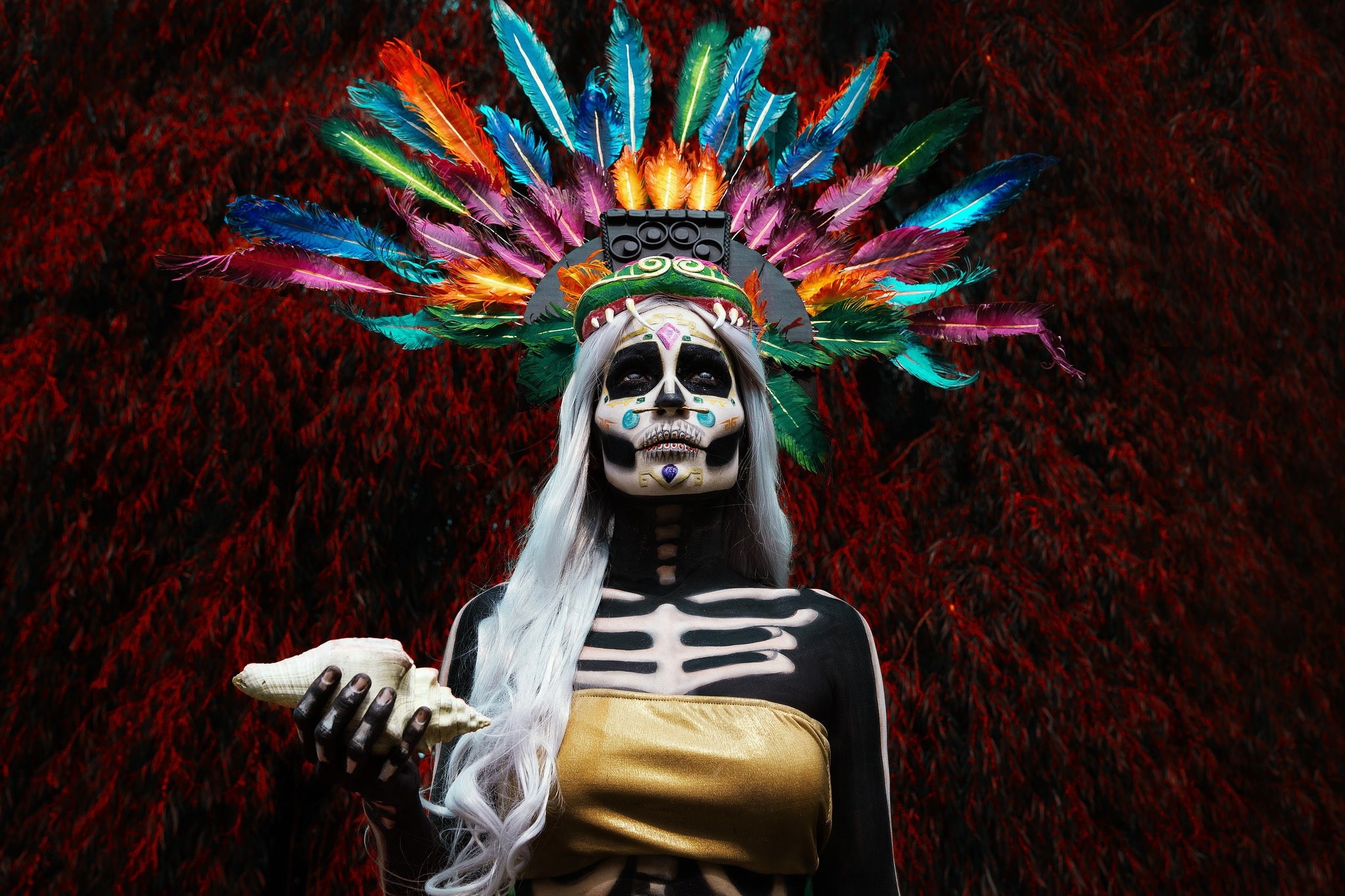 1080P, feathers, colorful, skull, face, Dia de los Muertos, women, HD Wallpaper