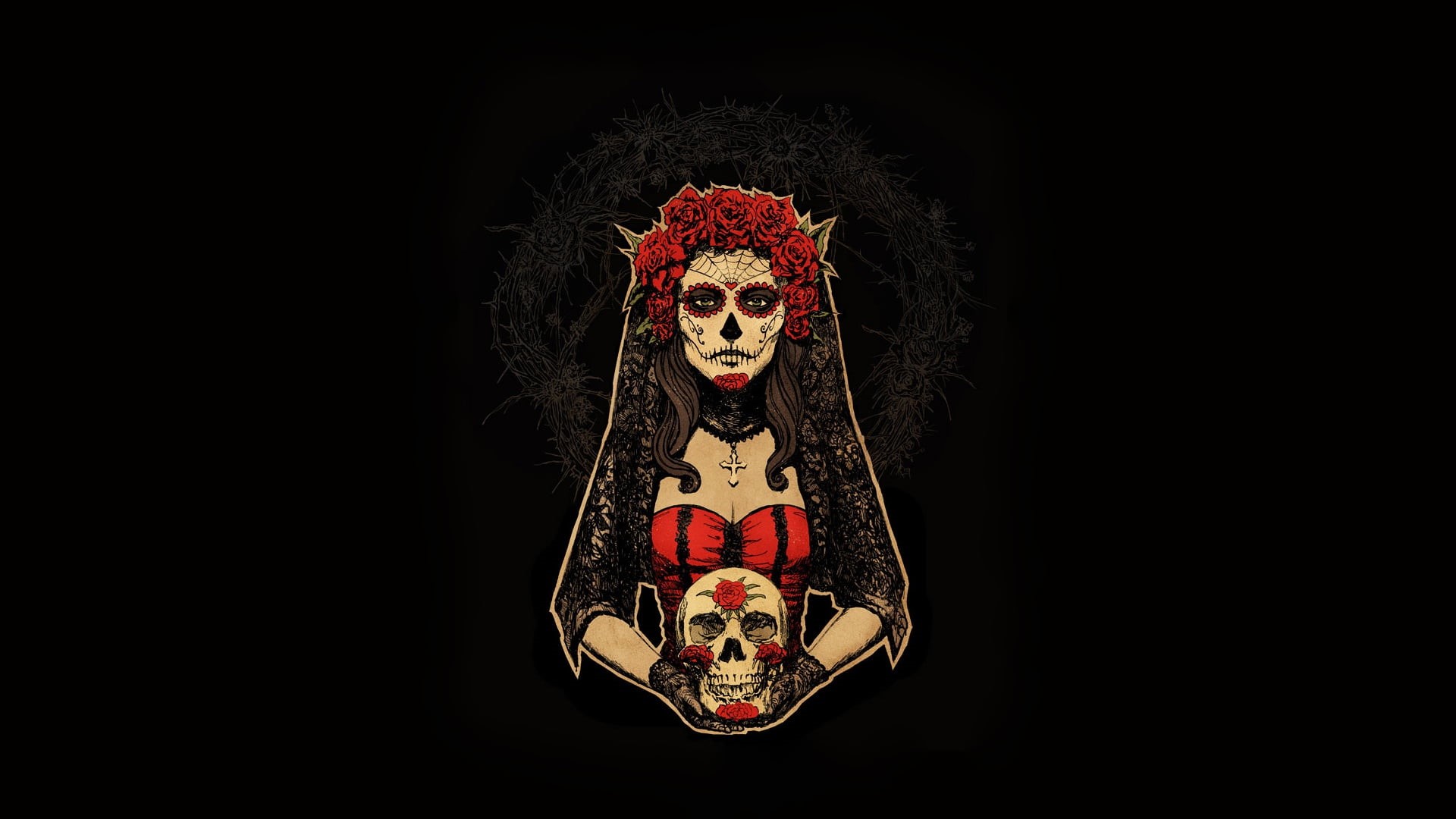 minimalism, 1080P, artwork, simple background, women, Dia de los Muertos, skull, redhead, HD Wallpaper