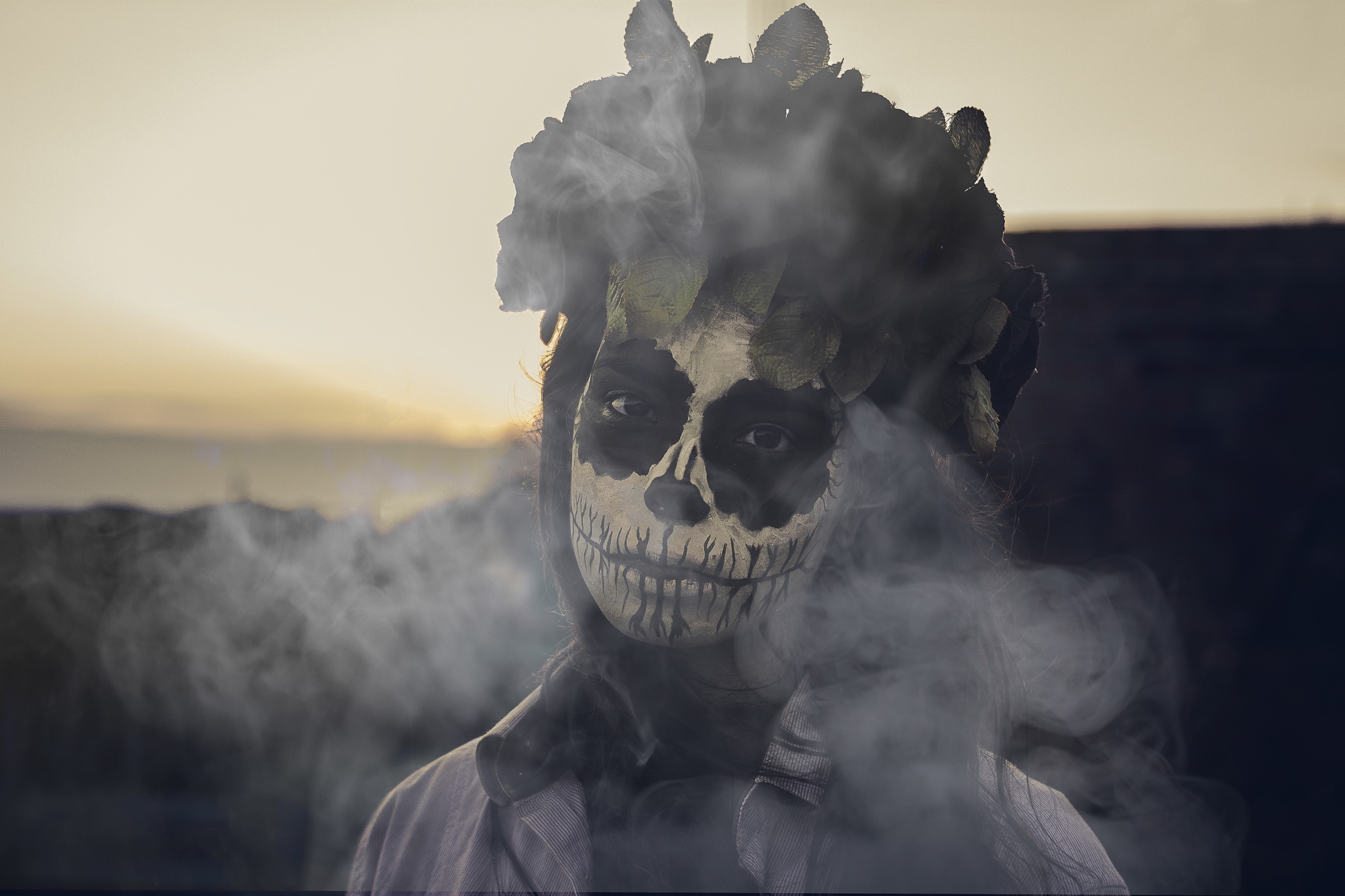 Dia de los Muertos, costume, disguise, women, obscured face, model, lifestyles, headshot, spooky, smoke - physical structure, 2K, looking at camera, one person, HD Wallpaper