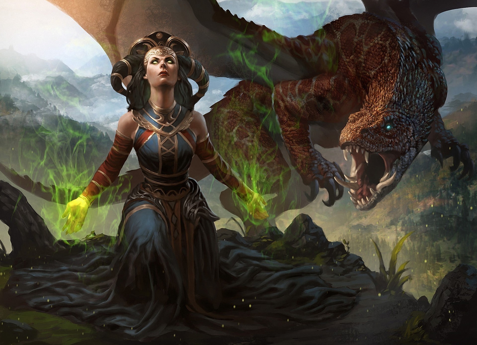 fantasy art, artwork, women, 1080P, art, dragon, fantasy, HD Wallpaper