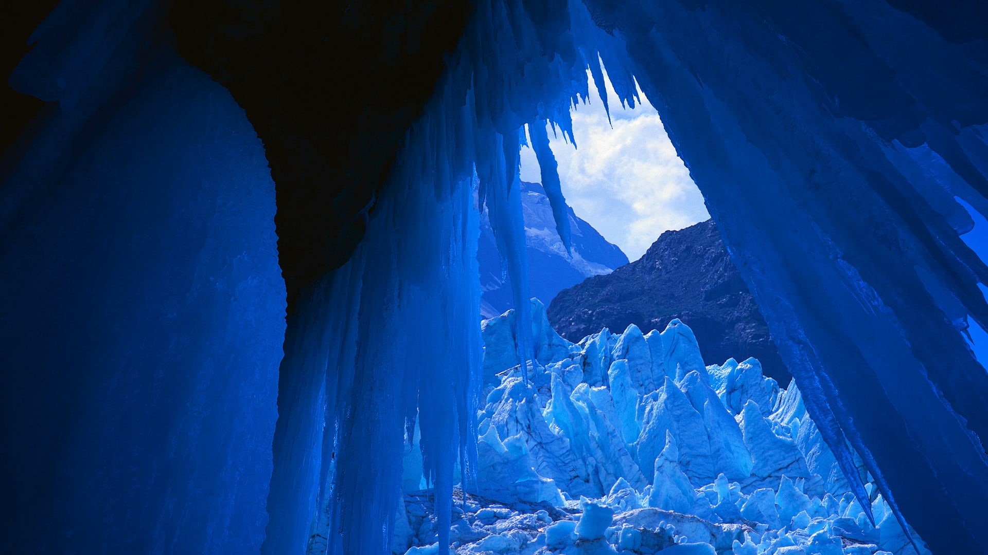 tranquility, blue, 1080P, snowcapped mountain, glaciers, clouds, cave, white, snow, icicle, cold temperature, outdoors, environment, no people, nature, HD Wallpaper