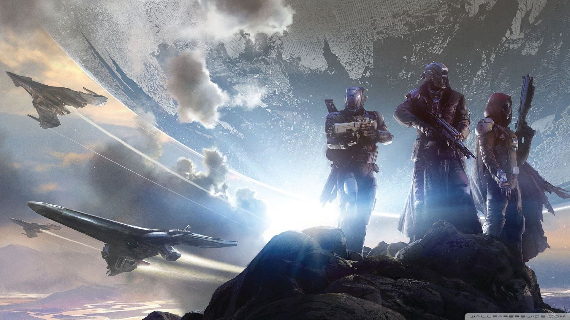 assault rifle, Destiny 2 (video game), science fiction, video games, 1080P, soldier, the traveler, spaceship, Titan (Destiny), hunter (destiny), warlock, HD Wallpaper
