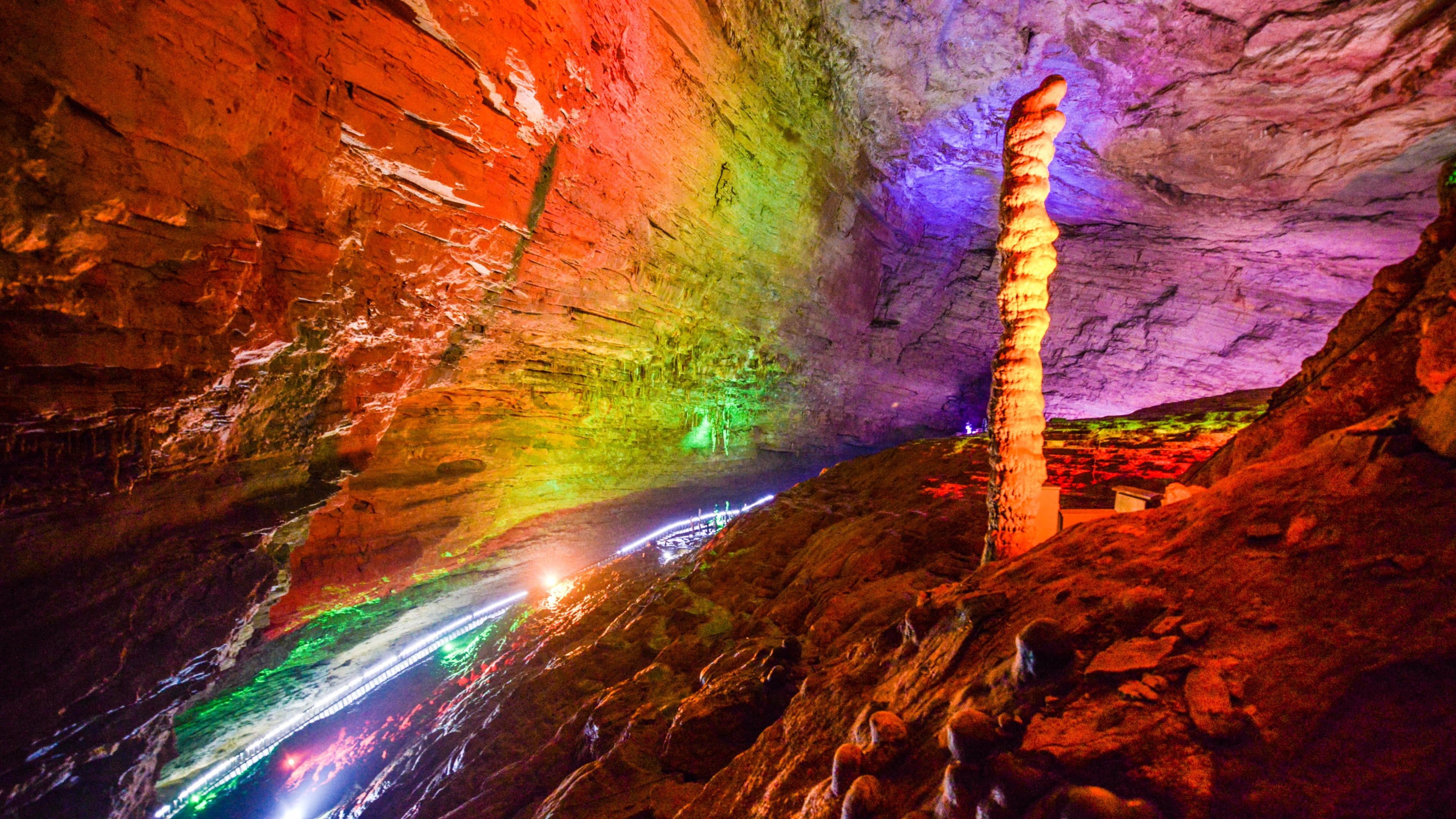 night, scenics - nature, china, vibrant color, rainbow, geology, yellow dragon cave, colorful, solid, outdoors, rock, illuminated, non-urban scene, huanglong cave, HD Wallpaper