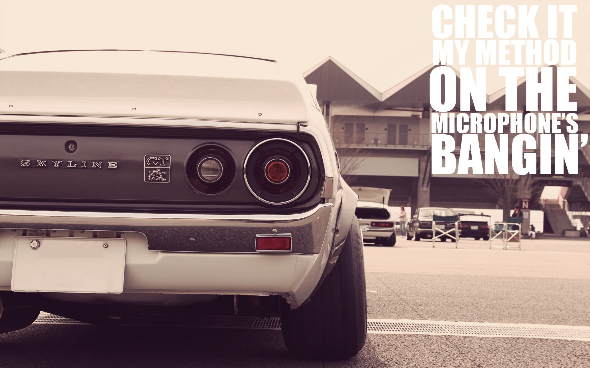 sign, gray, Nissan Skyline, typography, lyrics, headlight, Nissan, no People, land Vehicle, transportation, vehicle, front View, day, outdoors, car, text, HD Wallpaper