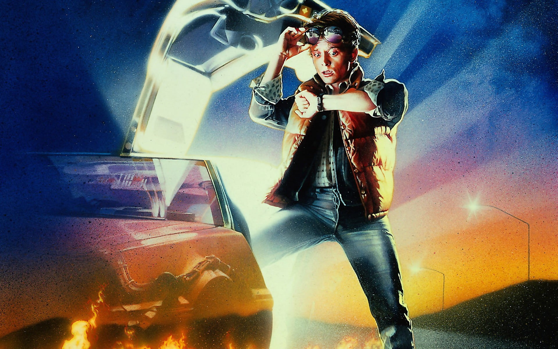 mode of transportation, real people, illuminated, 1980s, digital composite, lifestyles, holding, night, Back to the Future, back, Michael  J. Fox, adult, HD Wallpaper